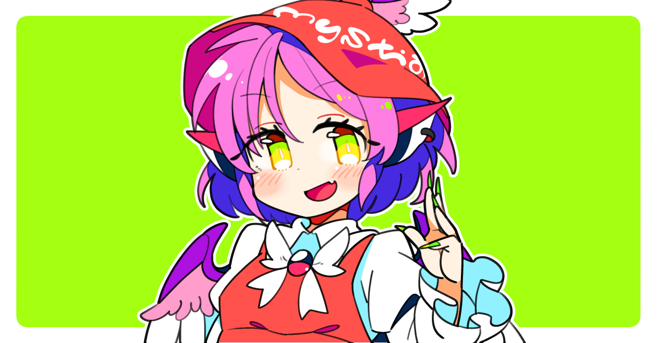 ini (inunabe00), mystia lorelei, touhou, 1girl, :d, animal ears, bird ears, bird girl, bird wings, blush, border, brown hat, collared shirt, earrings, fang, fingernails, green background, green nails, hand up, hat, jewelry, long fingernails, long sleeves, nail polish, open mouth, outline, outside border, pink hair, shirt, short hair, simple background, single earring, skin fang, sleeve garter, smile, solo, upper body, white border, white outline, white shirt, winged hat, wings, yellow eyes