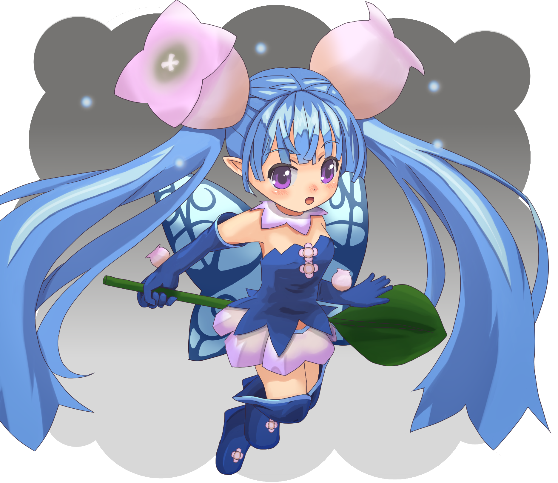 emil chronicle online, highres, 1girl, blue boots, blue gloves, boots, bow flower, coconyo, elbow gloves, fairy wings, gloves, holding, holding plant, long hair, off-shoulder shirt, off shoulder, open mouth, plant, pointy ears, purple eyes, purple skirt, shirt, shugoma satsuki, skirt, solo, twintails, wings