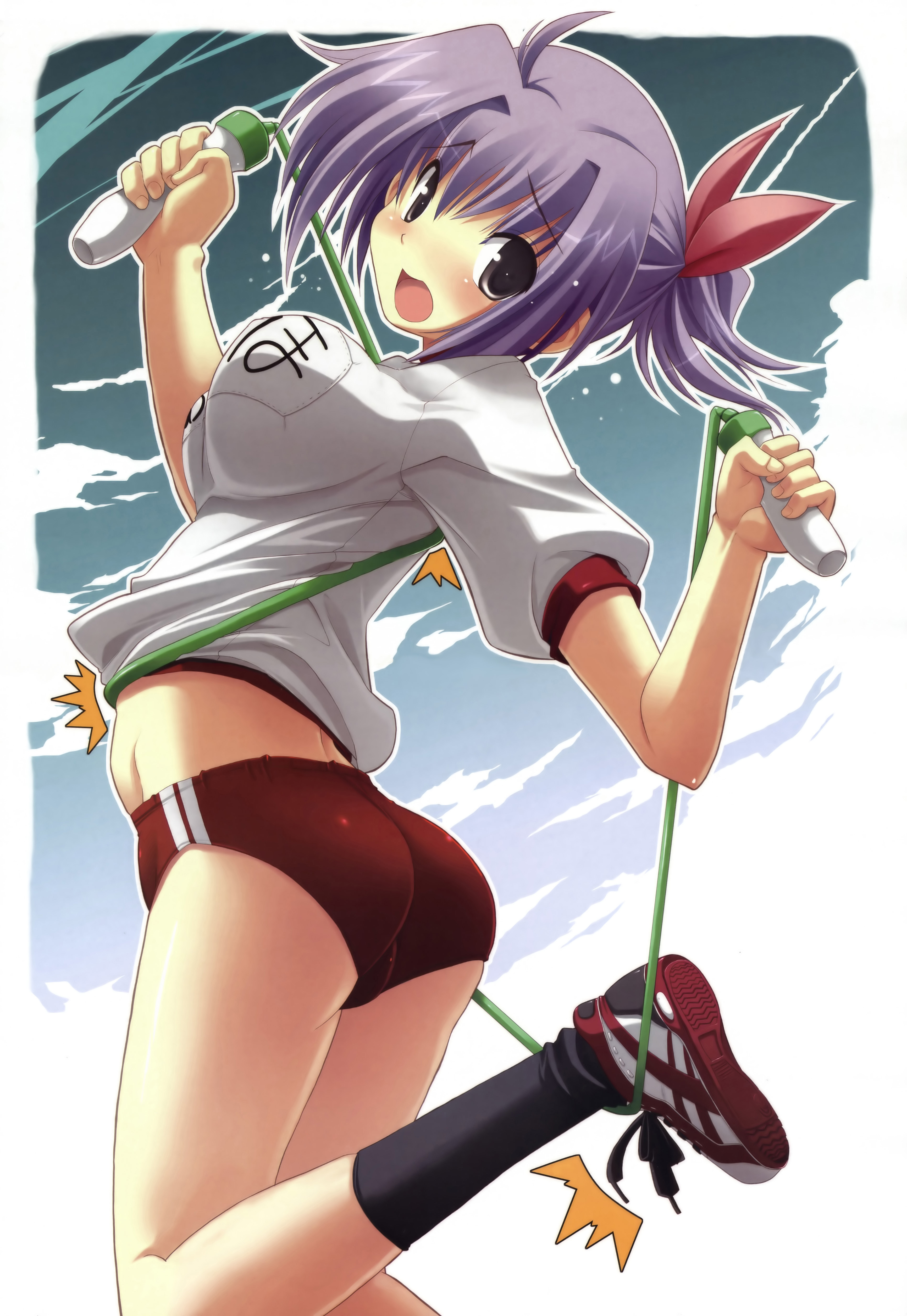 tsurugi hagane, kaneda akiho, harukazedori ni tomarigi wo, absurdres, highres, 1girl, ahoge, ass, black socks, blush, bouncing breasts, breasts, buruma, clothes lift, cloud, clumsy, entangled, female focus, gym uniform, hair ribbon, jump rope, large breasts, looking back, midriff, open mouth, ponytail, purple eyes, purple hair, ribbon, shirt lift, shoes, short hair, sky, sneakers, socks, solo, surprised, tripping, underwear