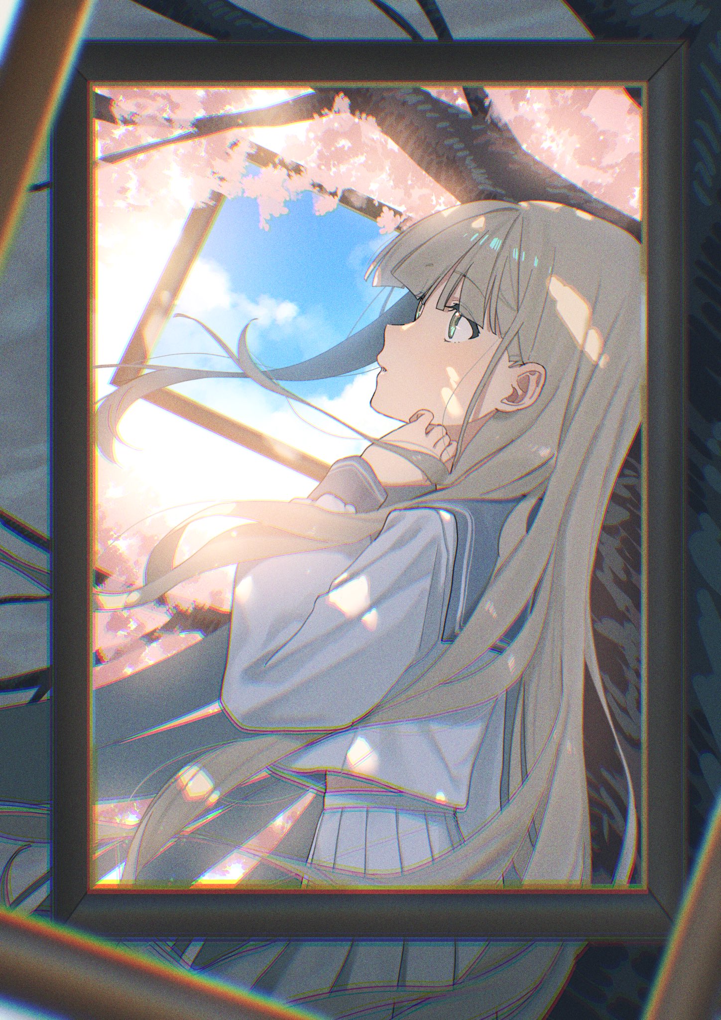 rinzawa, original, highres, 1girl, blue eyes, blue sailor collar, blue sky, brown hair, cherry blossoms, cloud, cloudy sky, from side, grey sky, long hair, long sleeves, sailor collar, school uniform, serafuku, skirt, sky, solo, white serafuku, white skirt