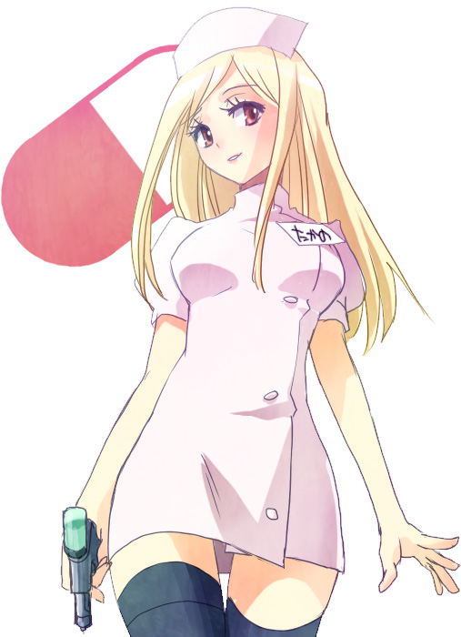 takano miyo, higurashi no naku koro ni, 00s, 1girl, black thighhighs, blonde hair, female focus, long hair, nurse, parted bangs, pill, red eyes, simple background, solo, syringe, thighhighs, zettai ryouiki