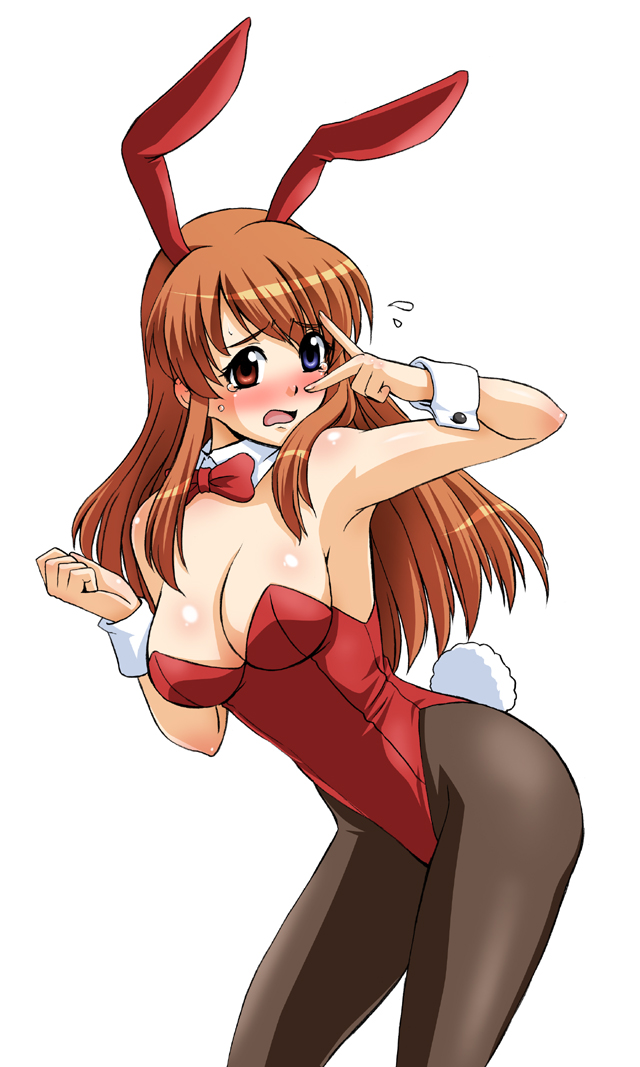 akiyama kenta, asahina mikuru, suzumiya haruhi no yuuutsu, 00s, 1girl, animal ears, armpits, breasts, contact lens, detached collar, fake animal ears, female focus, heterochromia, leotard, long hair, mikuru beam, pantyhose, playboy bunny, rabbit ears, rabbit tail, solo, tail, v