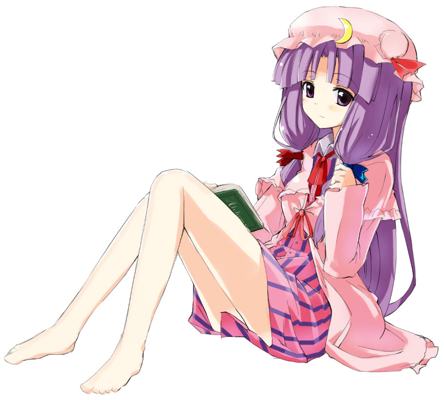 patchouli knowledge, touhou, 1girl, barefoot, book, dress, female focus, full body, long hair, purple eyes, purple hair, ribbon, simple background, solo, white background