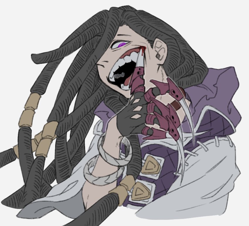 teo (teorekka), jabber wonger, gachiakuta, 1boy, black gloves, blood, bracelet, brown hair, claws, dreadlocks, gloves, jacket, jewelry, long hair, looking at viewer, open mouth, purple eyes, purple jacket, ring hair ornament, simple background, solo, upper body, very long hair, white background