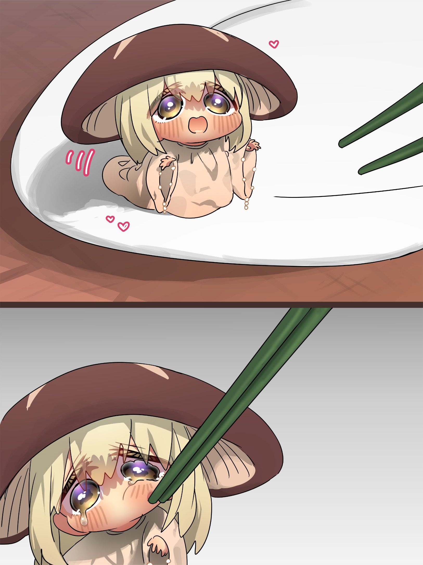 harumina mau, original, commentary request, highres, 1girl, blonde hair, blush, brown shirt, chibi, chibi only, chopsticks, furrowed brow, heart, long sleeves, mini person, minigirl, mushroom girl, open mouth, plate, shirt, short hair, tears, wide sleeves, yellow eyes