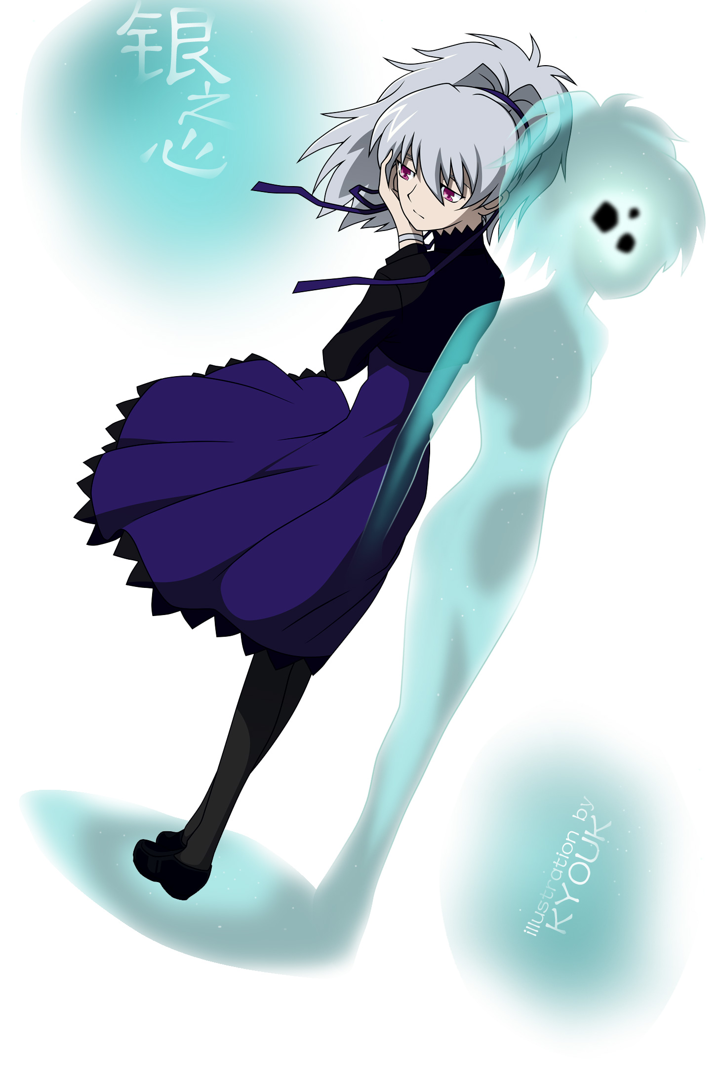 yin (darker than black), darker than black, highres, tagme, 00s, 1girl, female focus, full body, grey hair, hair ornament, long hair, pantyhose, pink eyes, ponytail, skirt, solo, standing