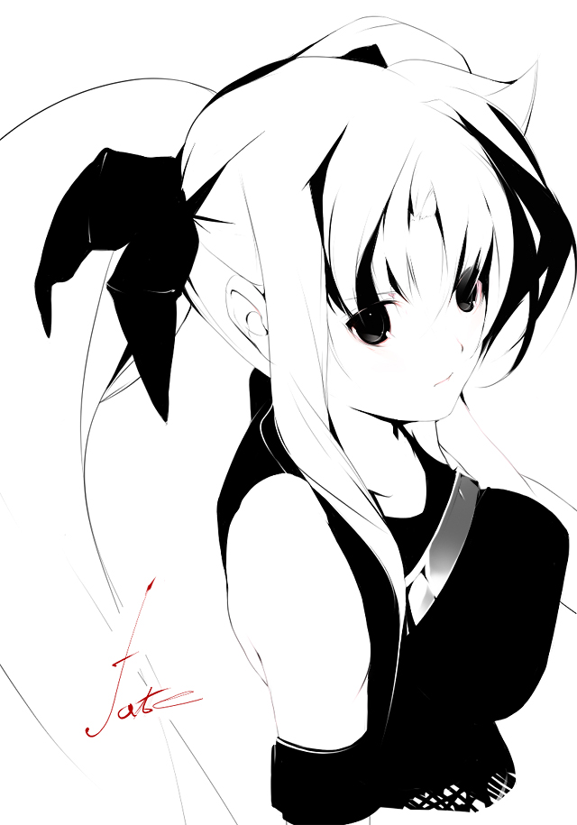 kaede (sayappa), sayappa, fate testarossa, lyrical nanoha, mahou shoujo lyrical nanoha, mahou shoujo lyrical nanoha strikers, 00s, 1girl, blush, breasts, character name, collarbone, detached sleeves, female focus, greyscale, long hair, long sleeves, magical girl, monochrome, simple background, solo, spandex, twintails, upper body, white background