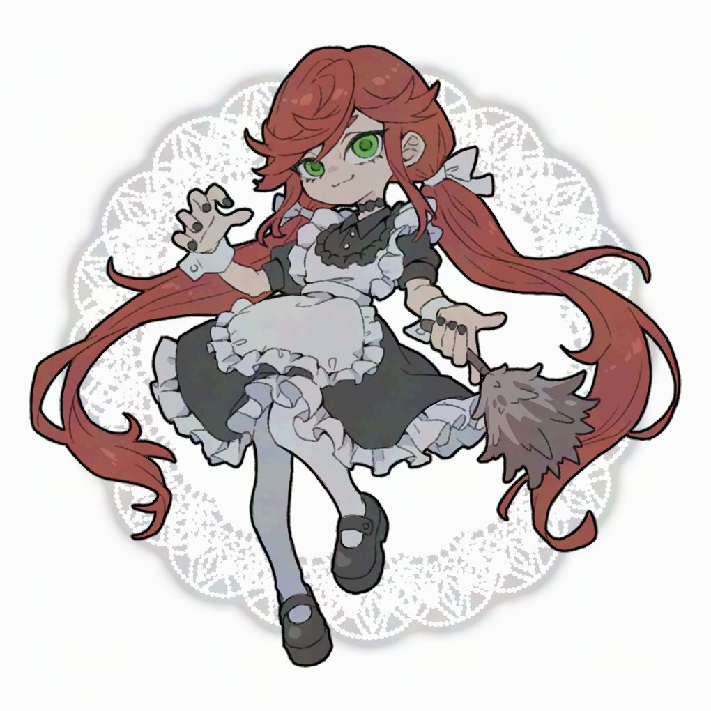 teo (teorekka), riyo reaper, gachiakuta, 1girl, :3, apron, black dress, black nails, black shoes, dress, duster, green eyes, holding, holding duster, long hair, low twintails, maid, maid apron, pantyhose, puffy short sleeves, puffy sleeves, red hair, shoes, short sleeves, solo, twintails, very long hair, white apron, white pantyhose, wrist cuffs