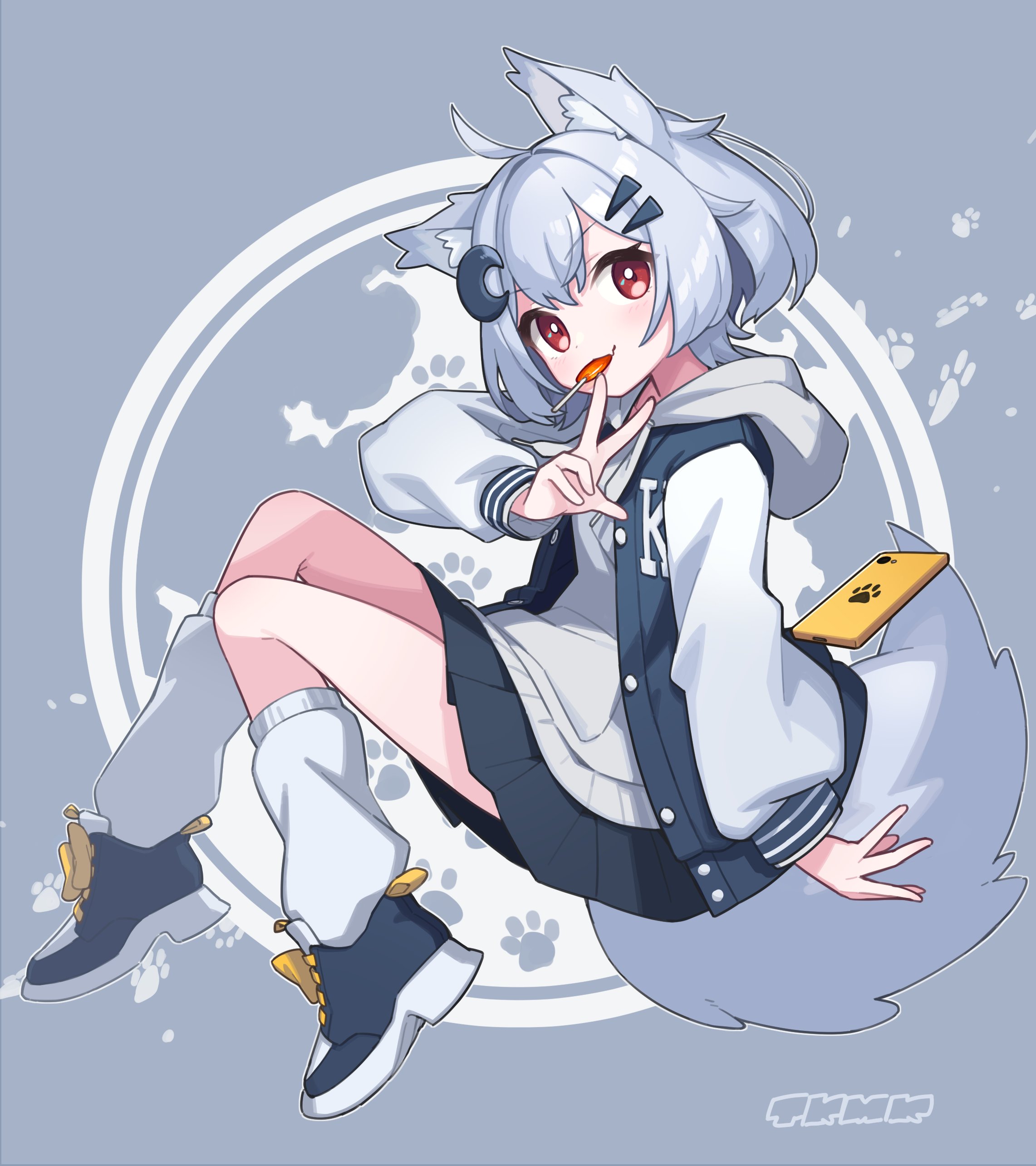 tekka maki (wafuu-bune), original, absurdres, commentary, commission, hashtag-only commentary, highres, skeb commission, 1girl, ahoge, animal ear fluff, animal ears, black skirt, blue hair, blue jacket, blue shoes, buttons, cellphone, closed mouth, crescent, crescent hair ornament, fang, fang out, full body, grey background, hair ornament, hand up, hood, hooded jacket, jacket, lollipop in mouth, long sleeves, looking at viewer, loose socks, miniskirt, open clothes, open jacket, phone, pleated skirt, red eyes, shoes, short hair, signature, skin fang, skirt, smartphone, smile, sneakers, socks, solo, tail, w, white socks, wolf ears, wolf girl, wolf tail