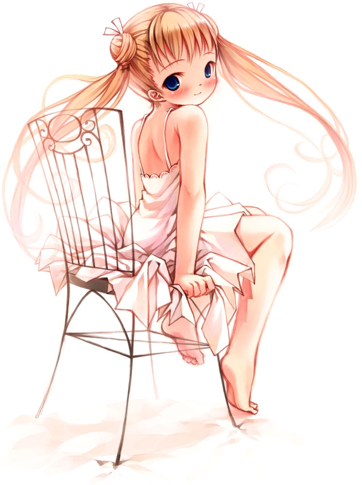 yoshinari atsushi, 1girl, back, bare shoulders, barefoot, blue eyes, blush, chair, double bun, dress, female focus, full body, hair bun, long hair, looking back, on chair, sitting, skirt, smile, solo, twintails