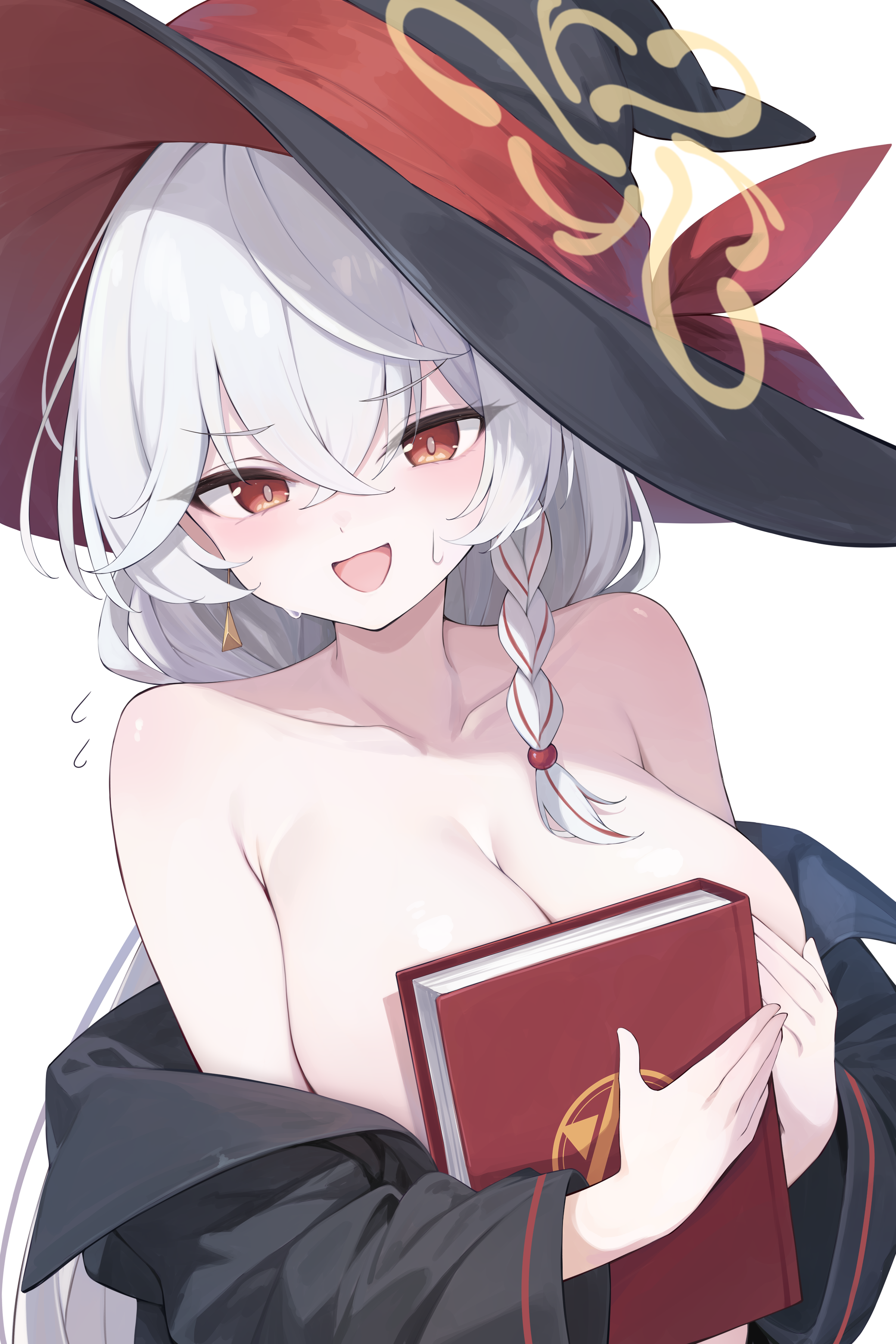 tateishi kureha, eri (blue archive), blue archive, absurdres, commentary, highres, 1girl, boobs in book (meme), breasts, cleavage, coat, collarbone, hair between eyes, halo, hat, meme, naked coat, nude, side halo, simple background, solo, tilted halo, two-sided fabric, two-sided headwear, upper body, white background, witch hat, yellow halo