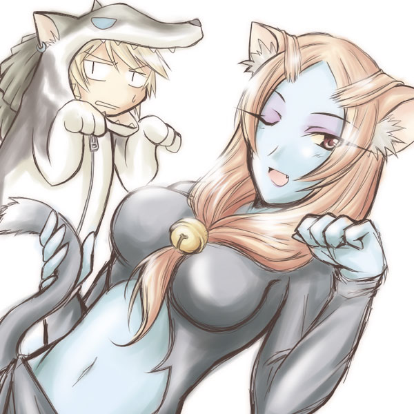 microspace, link, midna, midna (true), nintendo, the legend of zelda, the legend of zelda: twilight princess, spoilers, 1boy, 1girl, animal costume, animal ears, blue skin, breasts, cat ears, cat tail, colored skin, dutch angle, fang, front ponytail, hood, kemonomimi mode, long hair, midriff, one eye closed, paw pose, pointy ears, sketch, tail, wink, wolf costume, wolf ears