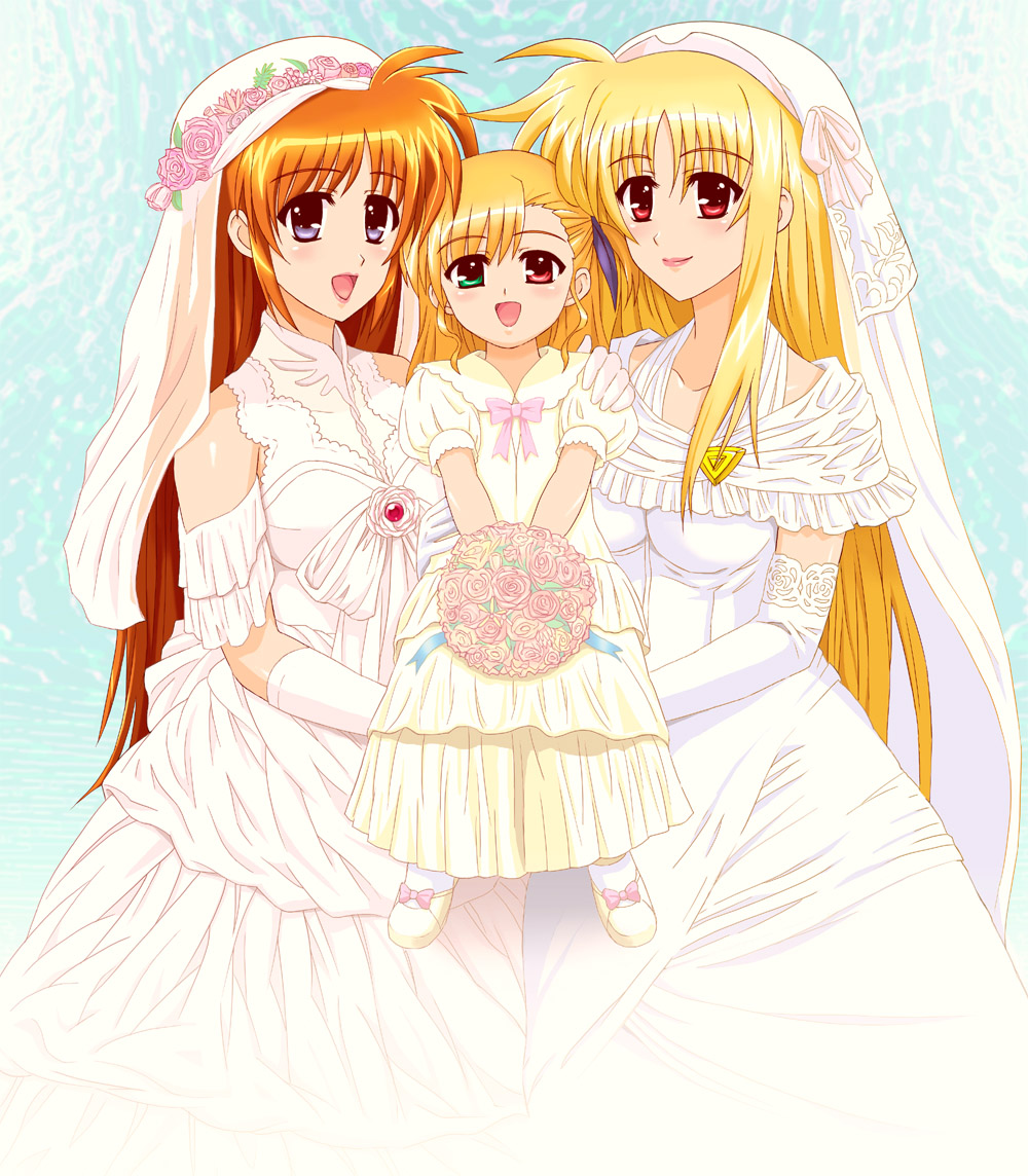 bardiche (nanoha), fate testarossa, raising heart, takamachi nanoha, vivio, lyrical nanoha, mahou shoujo lyrical nanoha, mahou shoujo lyrical nanoha strikers, 00s, 3girls, blonde hair, blush, bride, brown hair, dress, good end, happy, heterochromia, long hair, multiple girls, smile, wedding, wedding dress, wife and wife, yuri
