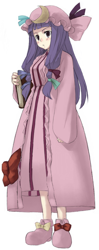 kirisato itsuki, patchouli knowledge, touhou, 1girl, blush, book, crescent, dress, expressionless, female focus, frills, full body, hat, holding, holding book, jitome, long hair, long sleeves, mob cap, robe, simple background, slippers, solo, standing, white background, wide sleeves