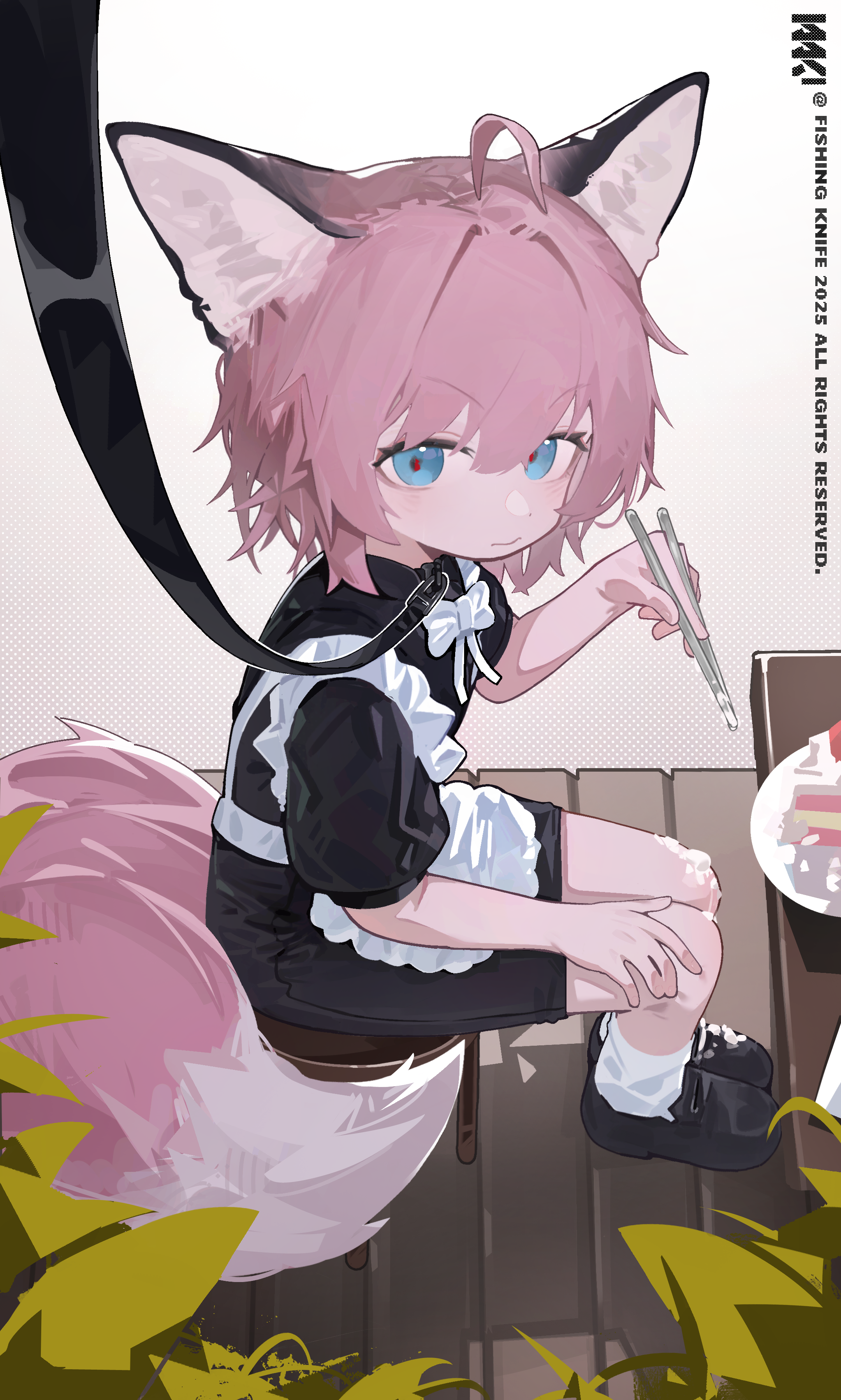 dorgar, sussurro (arknights), arknights, absurdres, highres, 1girl, ahoge, alternate costume, animal ears, apron, black dress, blue eyes, dress, enmaided, food, fox ears, fox girl, fox tail, leash, looking at viewer, maid, pink hair, puffy short sleeves, puffy sleeves, short sleeves, sitting, tail, white apron