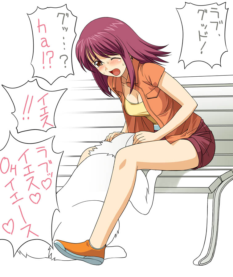 naegino sora, kaleido star, a1, translation request, 1girl, bestiality, blush, dog, short hair, skirt, wink