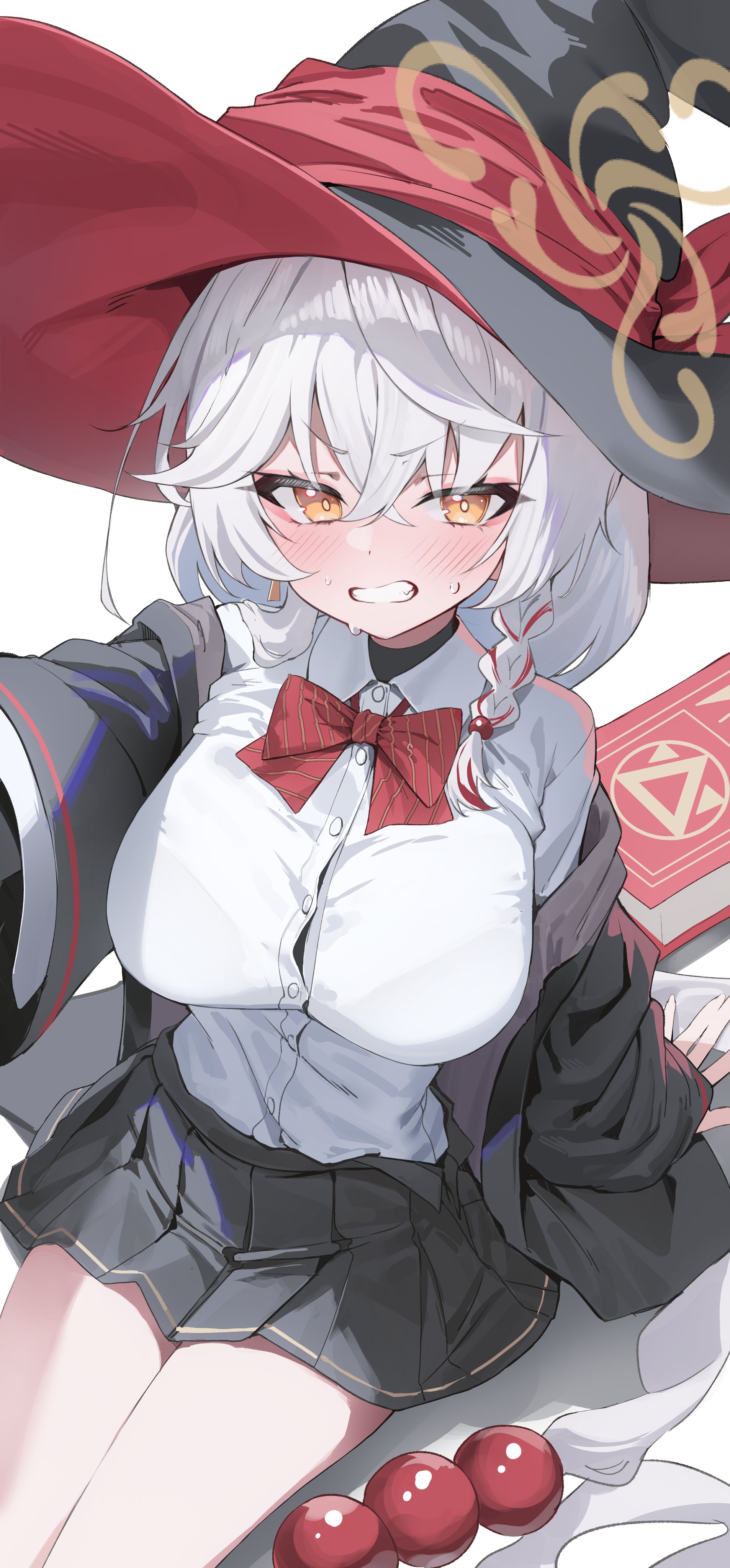 kerno, eri (blue archive), blue archive, absurdres, hashtag-only commentary, highres, 1girl, black coat, black hat, blush, bow, bowtie, breasts, brown eyes, brown halo, clenched teeth, coat, crossed bangs, from above, hair between eyes, halo, hat, large breasts, long hair, looking at viewer, miniskirt, outstretched arm, pleated skirt, red bow, red bowtie, shirt, side halo, simple background, sitting, skirt, solo, striped bow, striped bowtie, striped clothes, teeth, thighs, tilted halo, two-sided fabric, two-sided headwear, v-shaped eyebrows, white background, white hair, white shirt, witch hat