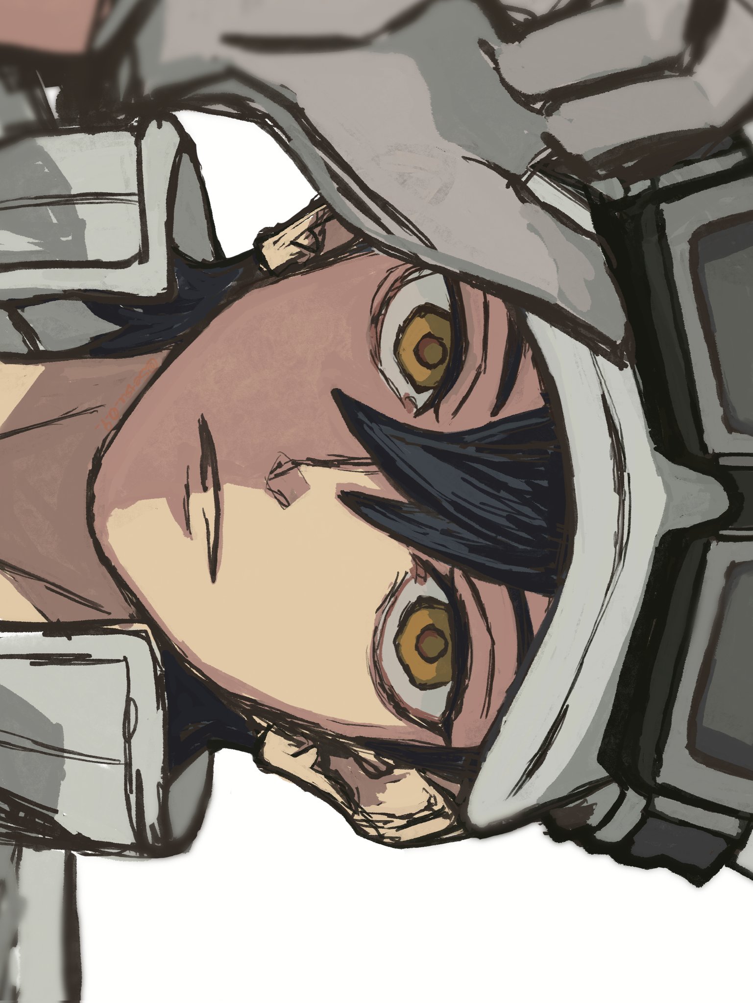 follo tunito, gachiakuta, commentary, highres, symbol-only commentary, 1boy, black hair, gloves, hair between eyes, hat, parted lips, setsu 0 9, sideways, simple background, solo, white background, white gloves, white hat, yellow eyes