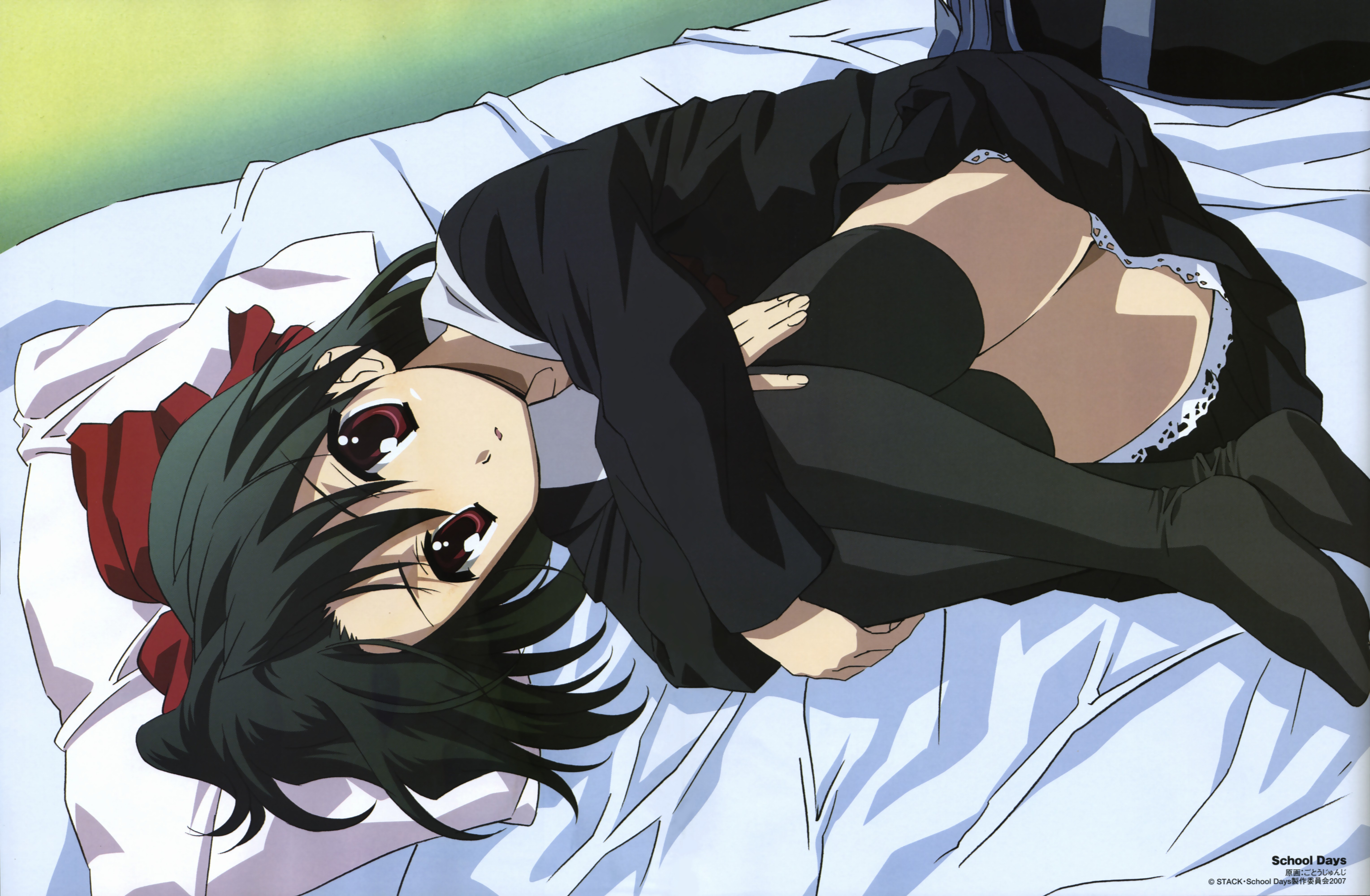 gotou junji, kiyoura setsuna, comp h's, school days, absurdres, highres, non-web source, official art, scan, 00s, 1girl, bag, bed, black hair, black thighhighs, bow, crossed arms, feet, female focus, fetal position, hair bow, hugging own legs, lace, loli, lying, no shoes, on side, open mouth, pillow, red eyes, school uniform, serafuku, short hair, skirt, solo, thighhighs, thighs, zettai ryouiki
