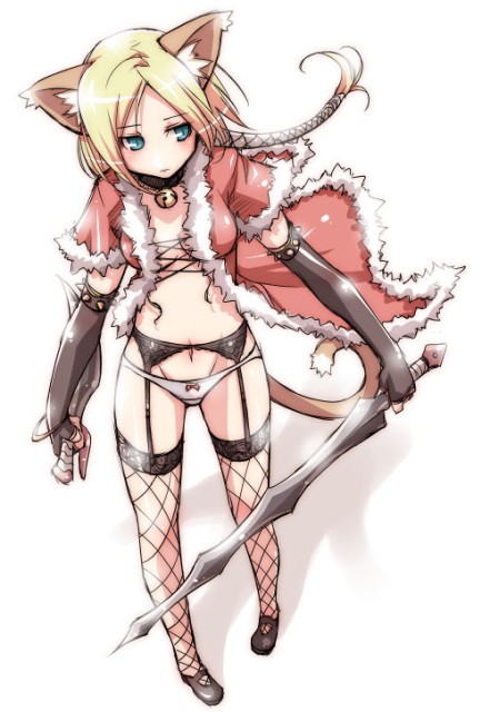 ragnarok online, animal ears, blush, cat ears, cat tail, lingerie, long hair, midriff, panties, sword, tail, thighhighs, underwear, weapon