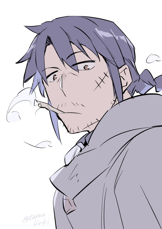 dasshu (dashi now), stunk, ishuzoku reviewers, commentary request, 1boy, brown eyes, closed mouth, facial hair, grey cloak, long hair, looking at viewer, male focus, mature male, mustache stubble, scar, scar on face, signature, simple background, smoking, solo, sparse stubble, stubble, upper body, white background