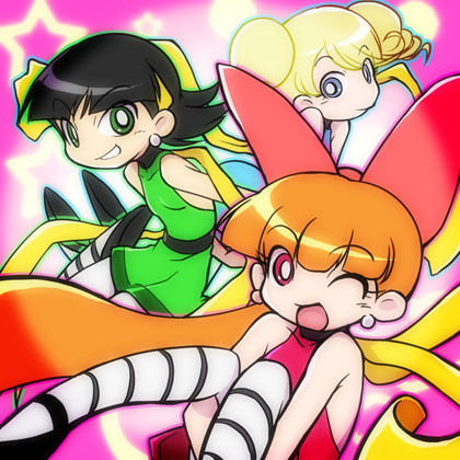 yoshi (crossmind), akazutsumi momoko, goutokuji miyako, hyper blossom, matsubara kaoru, powered buttercup, rolling bubbles, cartoon network, powerpuff girls, powerpuff girls z, lowres, 00s, long hair, short hair, thighhighs