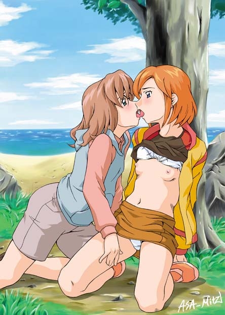 asa-mitz, luna (mujin wakusei survive), sharla, mujin wakusei survive, 2girls, blush, bra, bra lift, breasts, brown hair, clothes lift, cloud, female focus, glasses, kiss, multiple girls, navel, nipples, ocean, orange hair, outdoors, panties, shirt lift, short hair, shorts, skirt, sky, small breasts, tree, underwear, white bra, white panties, yuri