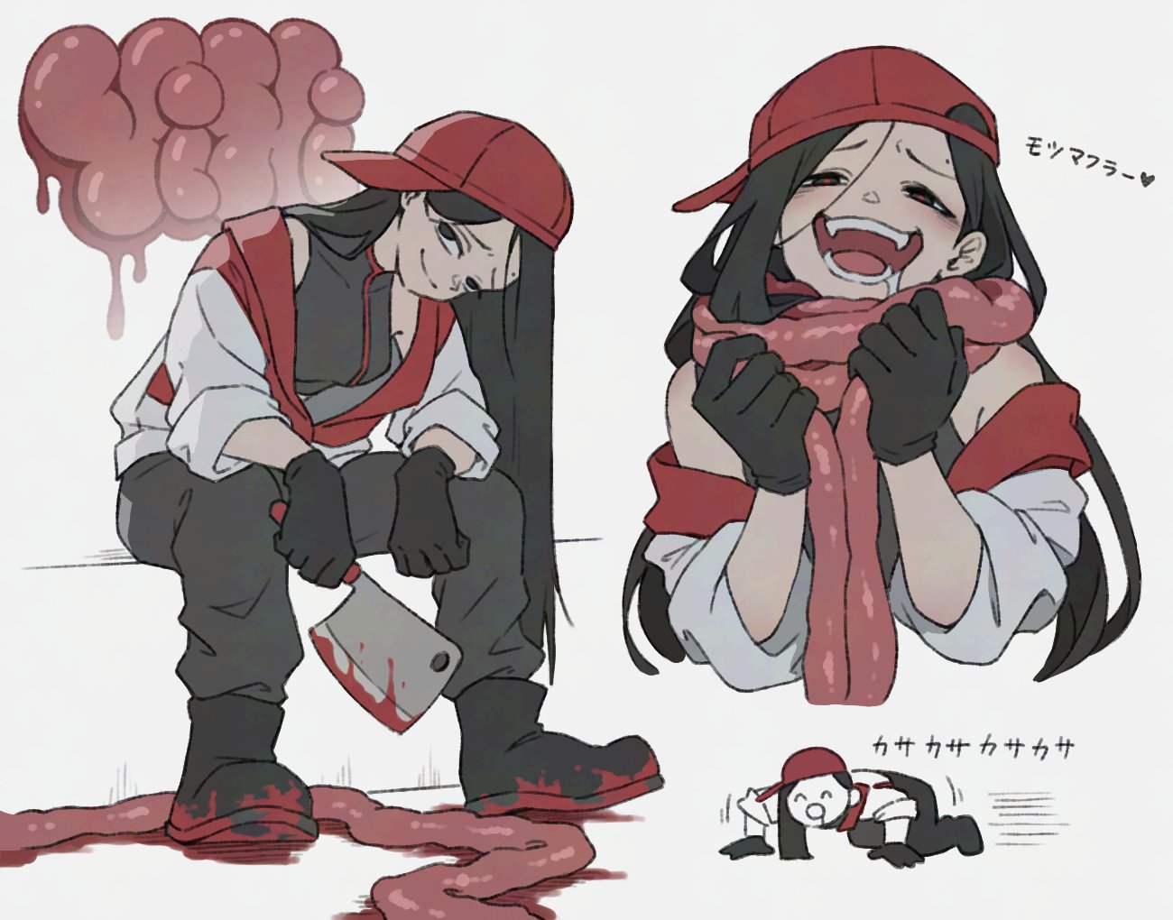 teo (teorekka), yi xi (synthesizer v), butcher vanity (synthesizer v), synthesizer v, vimalion pro, 1girl, ^ ^, ^q^, backwards hat, black boots, black eyes, black hair, black pants, black shirt, blood, boots, butcher, cleaver, closed eyes, crawling, hat, holding, holding cleaver, intestines, jacket, long hair, mole, mole above eye, multiple views, pants, red pupils, red trim, saliva, shirt, sitting, sleeveless, sleeveless shirt, white jacket