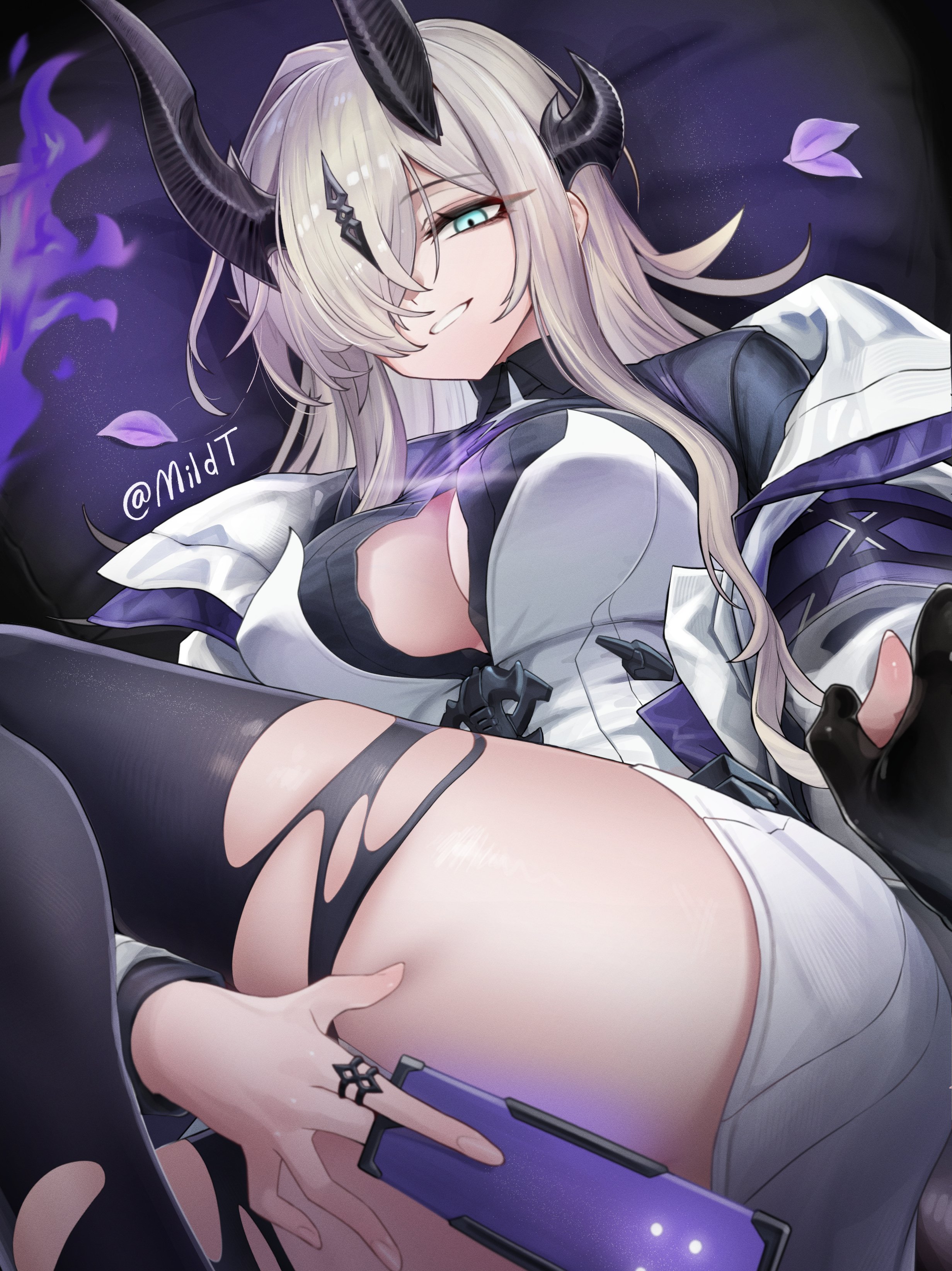 mildt, necrass (arknights), arknights, absurdres, commentary, highres, 1girl, black gloves, black horns, black thighhighs, blue eyes, breasts, covered erect nipples, dress, from below, gloves, grey hair, grin, hair over one eye, holding hands, horns, jacket, large breasts, long hair, looking at viewer, looking down, open clothes, open jacket, pov, smile, solo focus, teeth, thighhighs, torn clothes, torn thighhighs, twitter username, white dress, white jacket