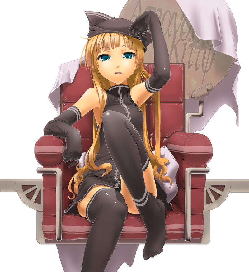 nilitsu, evangeline a.k. mcdowell, mahou sensei negima!, 00s, 1girl, animal ears, bare shoulders, black dress, black gloves, black thighhighs, blonde hair, blue eyes, blush, cat ears, dress, elbow gloves, fang, female focus, gloves, hat, long hair, panties, pantyshot, short dress, sitting, skirt, sleeveless, solo, thighhighs, underwear, upskirt, vampire, very long hair, zettai ryouiki