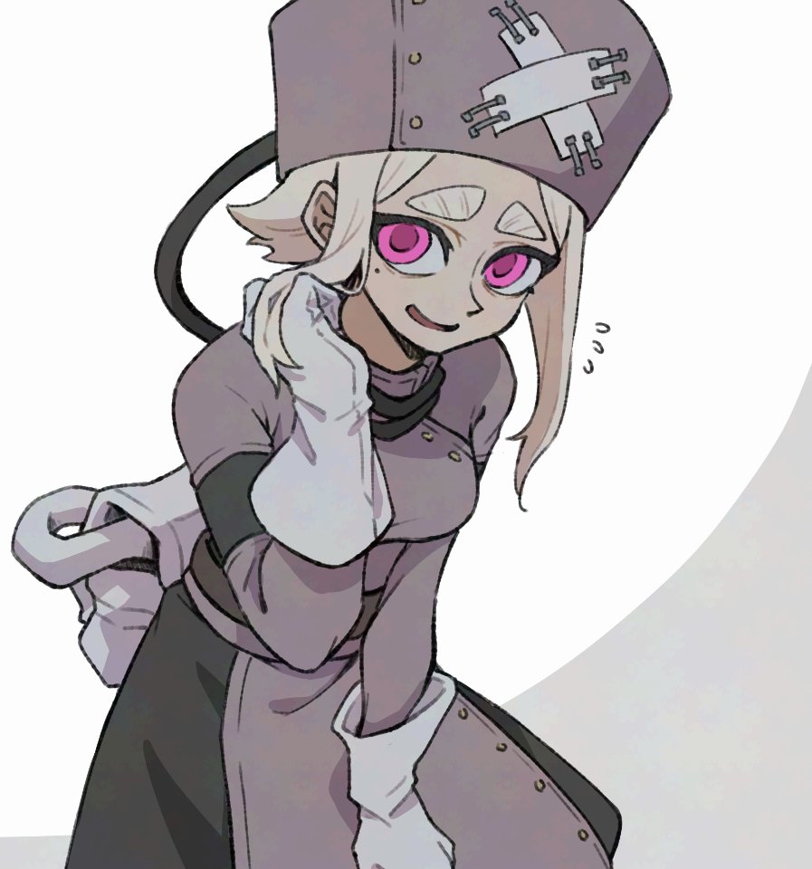 teo (teorekka), eishia stilza, gachiakuta, 1girl, cable, dress, flying sweatdrops, gloves, grey dress, grey hat, hat, looking at viewer, mole, mole under eye, nurse cap, open mouth, pouch, simple background, smile, solo, white background, white bag, white gloves