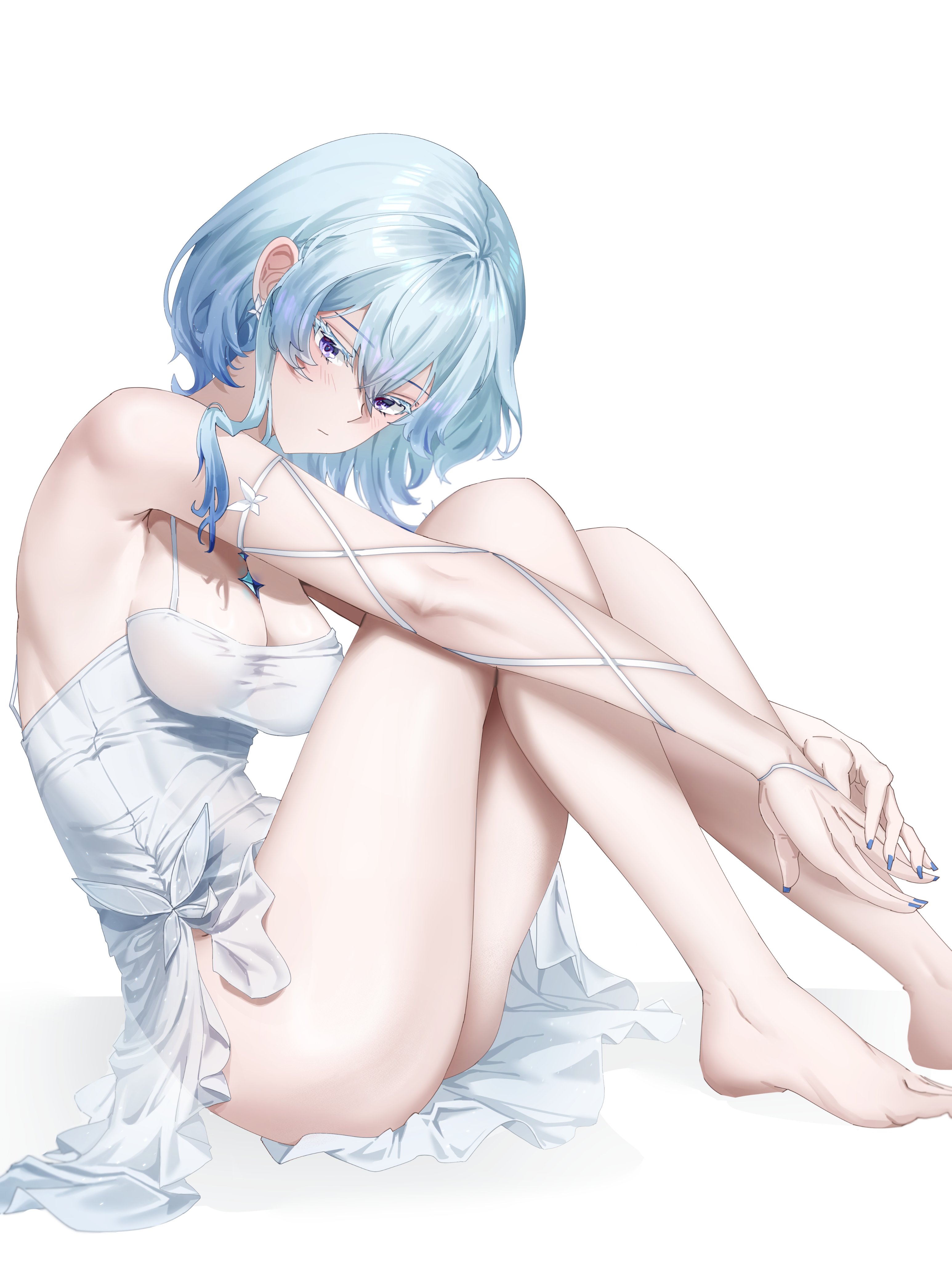 trixie (trixiex33), shorekeeper (wuthering waves), wuthering waves, absurdres, commentary, english commentary, highres, 1girl, ass, barefoot, blue hair, blue nails, breasts, cleavage, closed mouth, dress, fingernails, from side, hair between eyes, jewelry, large breasts, long hair, looking at viewer, nail polish, no panties, no veil, purple eyes, sitting, sleeveless, sleeveless dress, solo, thighs, white dress