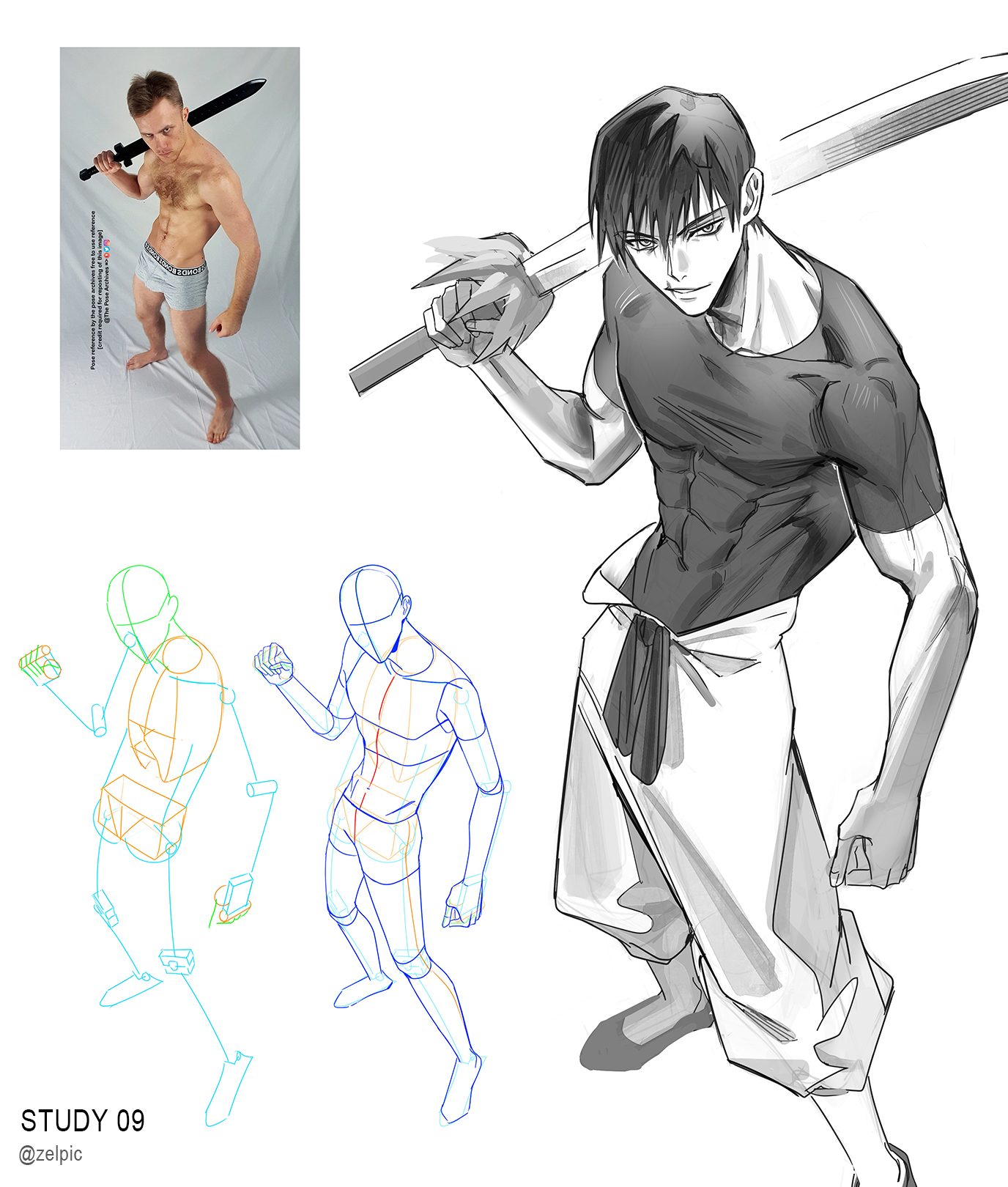 original, commentary request, highres, korean commentary, photo-referenced, 1boy, abs, art study, covered abs, from above, full body, greyscale, holding, holding sword, holding weapon, looking at viewer, male focus, monochrome, over shoulder, pants, parted lips, pose study, progression, reference inset, shirt, shoes, short hair, short sleeves, simple background, sketch, standing, sway back, sword, twitter username, weapon, weapon over shoulder, zelpic