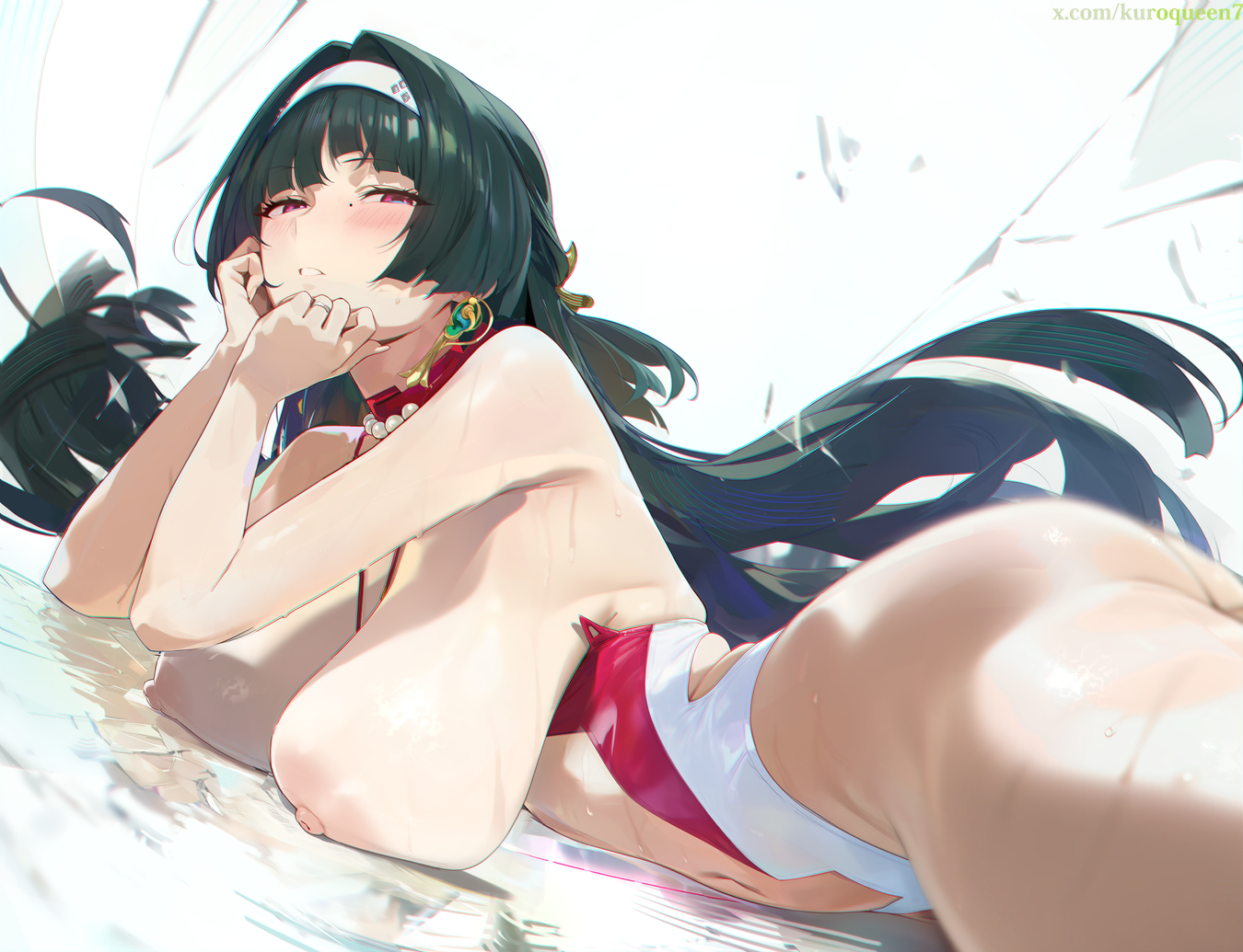 misaka 12003-gou, astra yao, zenless zone zero, commentary, paid reward available, 1girl, alternate costume, bare arms, bare shoulders, black hair, breasts, clothing cutout, earrings, from side, hairband, jewelry, large breasts, long hair, looking at viewer, looking to the side, lying, mole, navel, nipples, on stomach, one-piece swimsuit, parted lips, red eyes, stomach cutout, swimsuit, two-tone one-piece swimsuit, white hairband