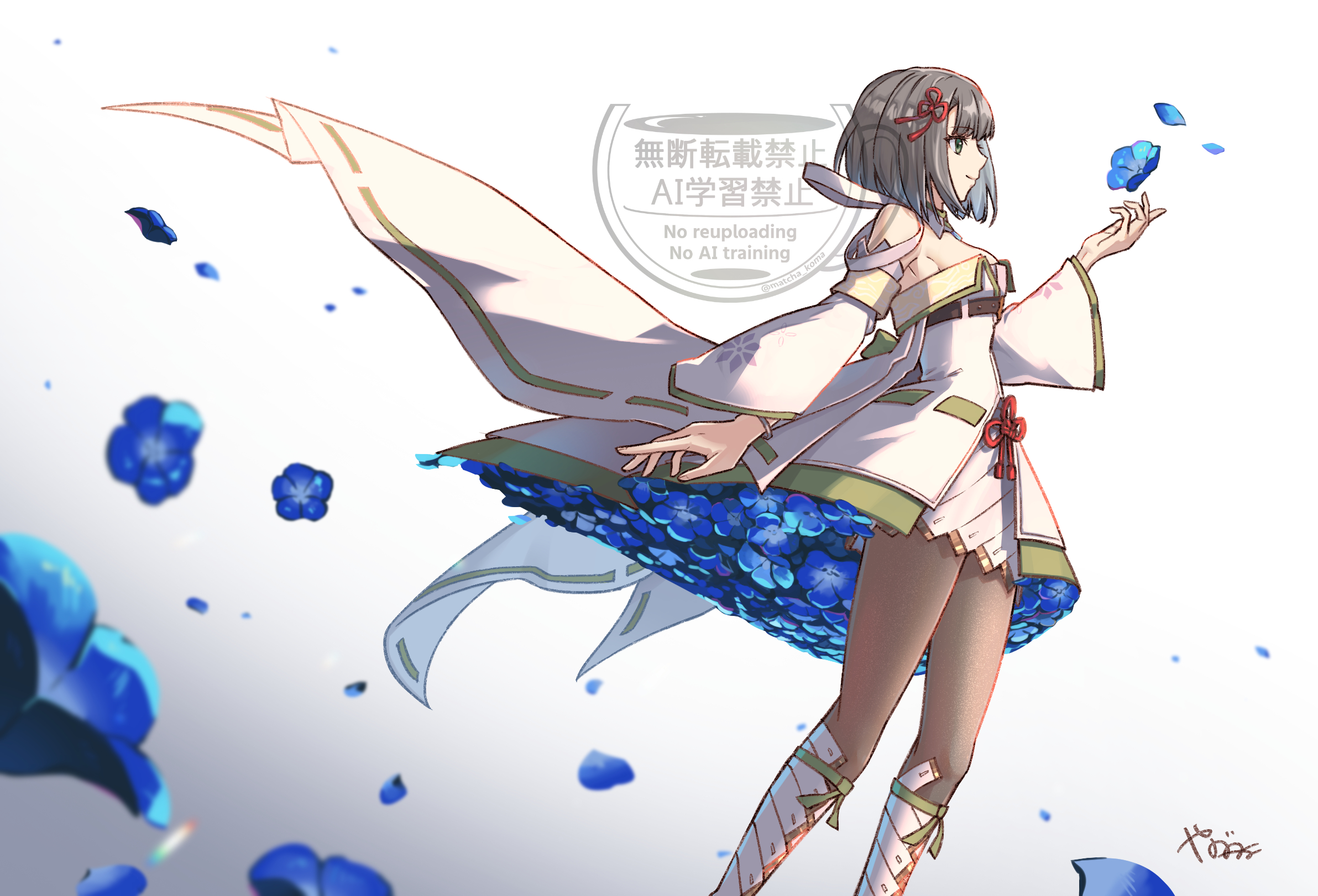 yanagimachi, miyabi (xenoblade), xenoblade chronicles (series), xenoblade chronicles 3, highres, 1girl, agnus female off-seer uniform, bare shoulders, black pantyhose, blue flower, bob cut, breasts, cleavage, detached sleeves, dress, flower, flower knot, green eyes, pantyhose, short hair, solo