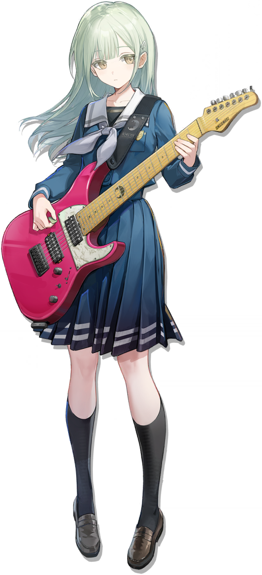 wenquangua, wakaba mutsumi, arknights, bang dream!, bang dream! it's mygo!!!!!, official art, third-party source, 1girl, 7-string guitar, black socks, blue shirt, blue skirt, brown shoes, closed mouth, extended range guitar, floating hair, full body, green hair, grey neckerchief, guitar, guitar strap, hair ornament, hairclip, holding, holding plectrum, instrument, kneehighs, loafers, long hair, long sleeves, neckerchief, pleated skirt, plectrum, schecter guitar, school uniform, shirt, shoes, simple background, skirt, socks, solo, tachi-e, transparent background, tsukinomori school uniform, yellow eyes
