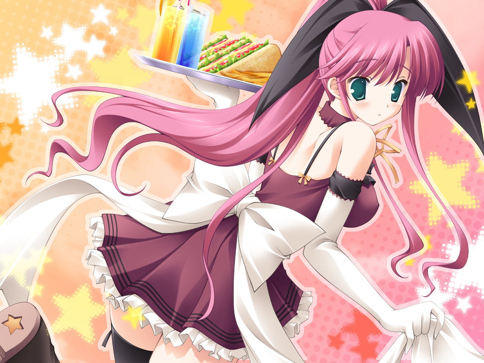 ikegami akane, futaba hinata, hoshiful, highres, 1girl, :<, blush, breasts, collar, cowboy shot, elbow gloves, female focus, food, frills, gloves, green eyes, long hair, pink hair, ribbon, running, sandwich, sash, solo, standing, thighhighs, tray, waitress