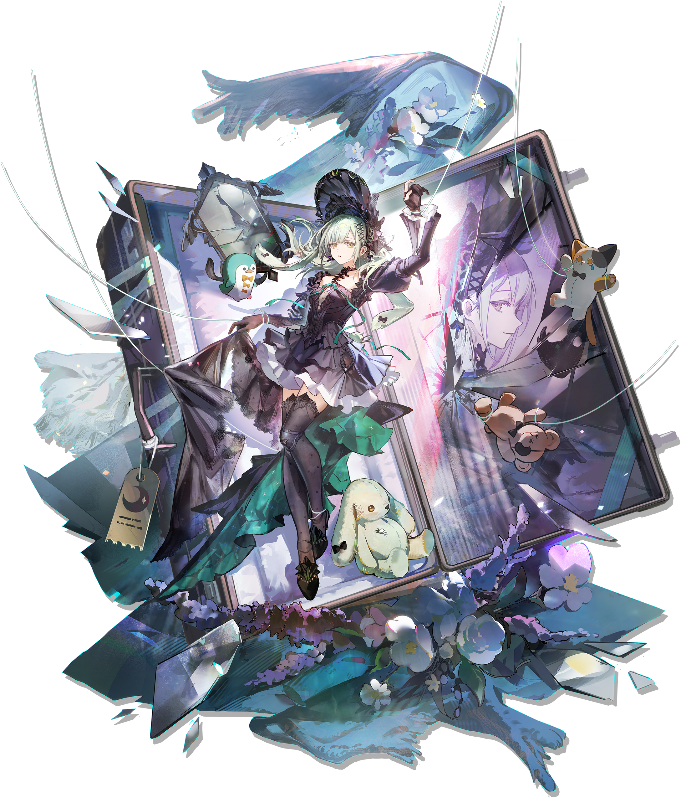 wakaba mutsumi, arknights, bang dream!, bang dream! it's mygo!!!!!, absurdres, highres, official art, third-party source, 1girl, animal ears, black bonnet, black dress, black gloves, black shoes, black thighhighs, bonnet, broken mirror, doll joints, dress, floating hair, full body, gloves, green hair, hair ornament, joints, long hair, mirror, open mouth, puppet strings, rabbit ears, rabbit girl, shoes, solo, stuffed animal, stuffed cat, stuffed penguin, stuffed rabbit, stuffed toy, suitcase, thighhighs, transparent background, wakaba mutsumi (marionette's id), x hair ornament, yellow eyes, zettai ryouiki