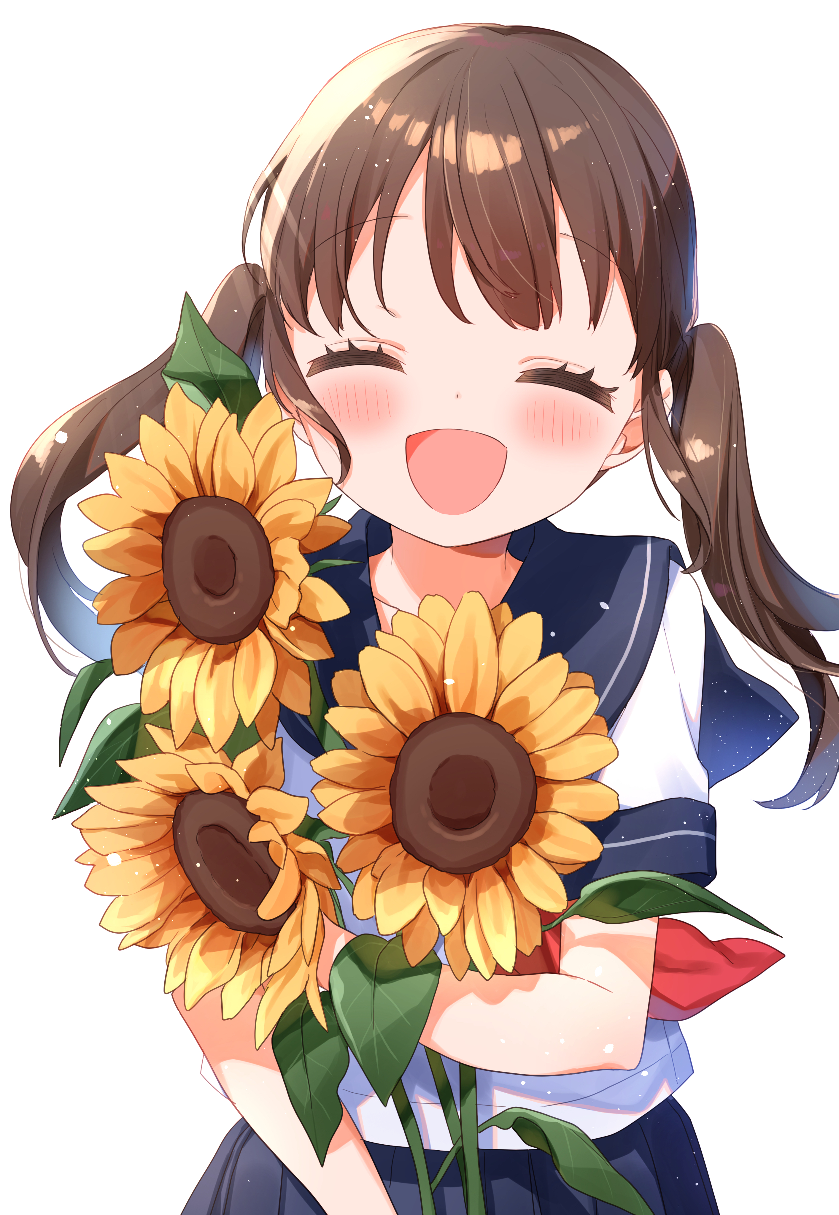 buchi (y0u0ri ), original, absurdres, commentary, highres, 1girl, :d, blue sailor collar, blue skirt, blush, brown hair, closed eyes, facing viewer, flower, holding, holding flower, long hair, neckerchief, open mouth, pleated skirt, red neckerchief, sailor collar, school uniform, serafuku, shirt, short sleeves, simple background, skirt, smile, solo, sunflower, twintails, upper body, white background, white shirt, yellow flower