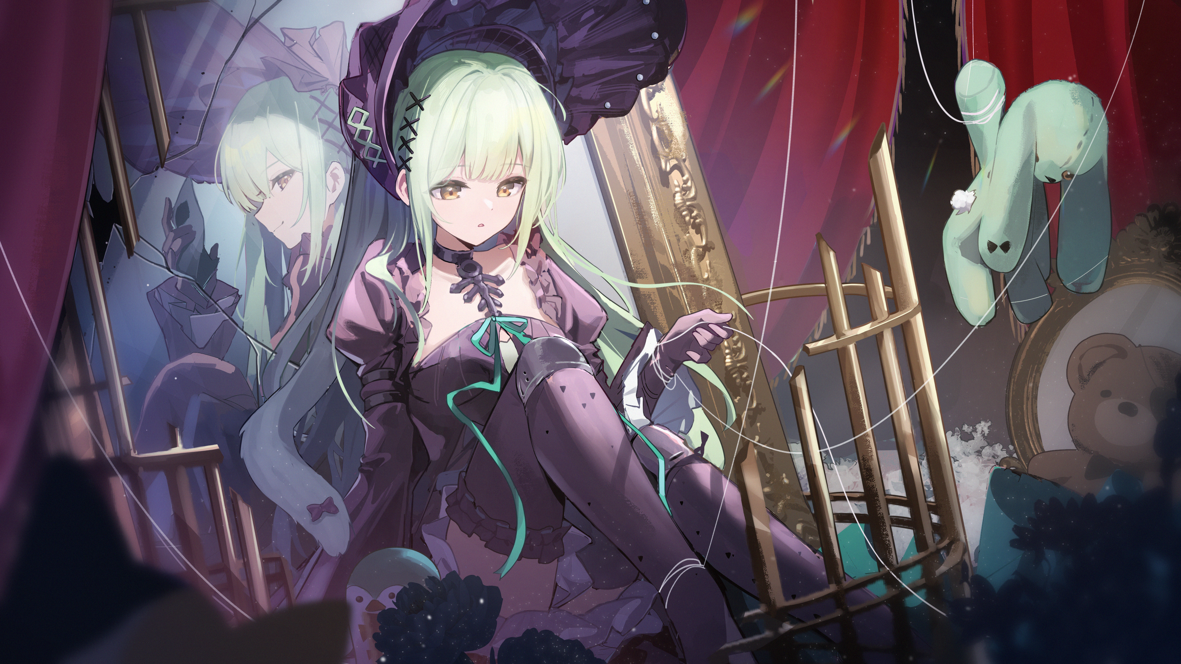 exusiai dust, wakaba mutsumi, arknights, bang dream!, bang dream! it's mygo!!!!!, absurdres, chinese commentary, commentary request, highres, partial commentary, 1girl, closed mouth, different reflection, dress, green hair, long hair, mirror, open mouth, reflection, sitting, solo, stuffed animal, stuffed toy, teddy bear, thighhighs, wakaba mutsumi (marionette's id), yellow eyes