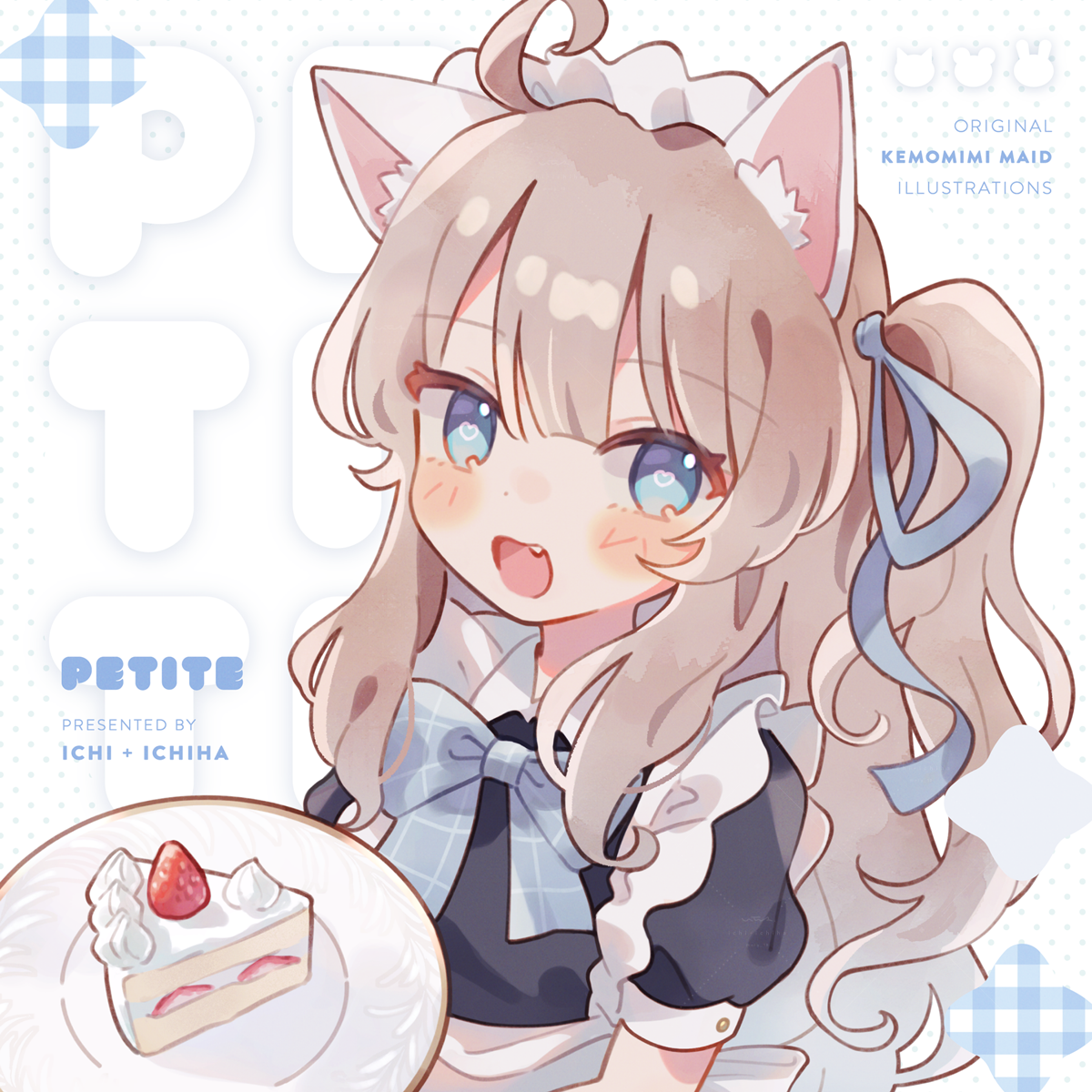 nig 18, original, commentary request, highres, 1girl, :d, ahoge, animal ear fluff, animal ears, apron, black dress, blue bow, blue bowtie, blue eyes, blue ribbon, blush, bow, bowtie, brown hair, cake, cake slice, cat ears, cat girl, dress, fang, food, hair ribbon, heart, heart-shaped pupils, holding, holding plate, long hair, looking at viewer, maid, maid headdress, one side up, open mouth, plate, ribbon, short sleeves, smile, solo, symbol-shaped pupils, upper body, white apron, white background