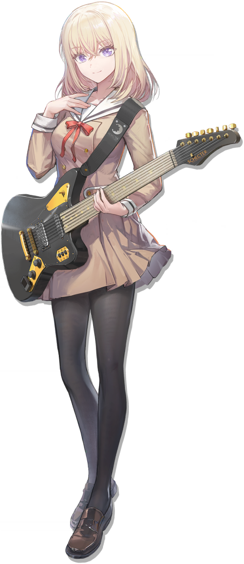 zheshe jing, misumi uika, arknights, bang dream!, bang dream! it's mygo!!!!!, official art, third-party source, 1girl, 7-string guitar, black pantyhose, blonde hair, breasts, brown dress, brown shoes, closed mouth, crossed bangs, dress, electric guitar, extended range guitar, full body, guitar, guitar strap, hair between eyes, hanasakigawa school uniform, hand up, holding, holding guitar, holding instrument, instrument, loafers, long sleeves, looking at viewer, medium breasts, medium hair, neck ribbon, pantyhose, pleated dress, purple eyes, red ribbon, ribbon, sailor collar, sailor dress, schecter guitar, school uniform, shoes, simple background, solo, tachi-e, transparent background, white sailor collar