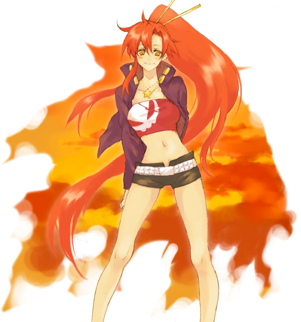 sasamochi, yoko littner, tengen toppa gurren lagann, 00s, 1girl, blush, female focus, long hair, midriff, navel, orange hair, ponytail, short shorts, shorts, sky, solo, yellow eyes