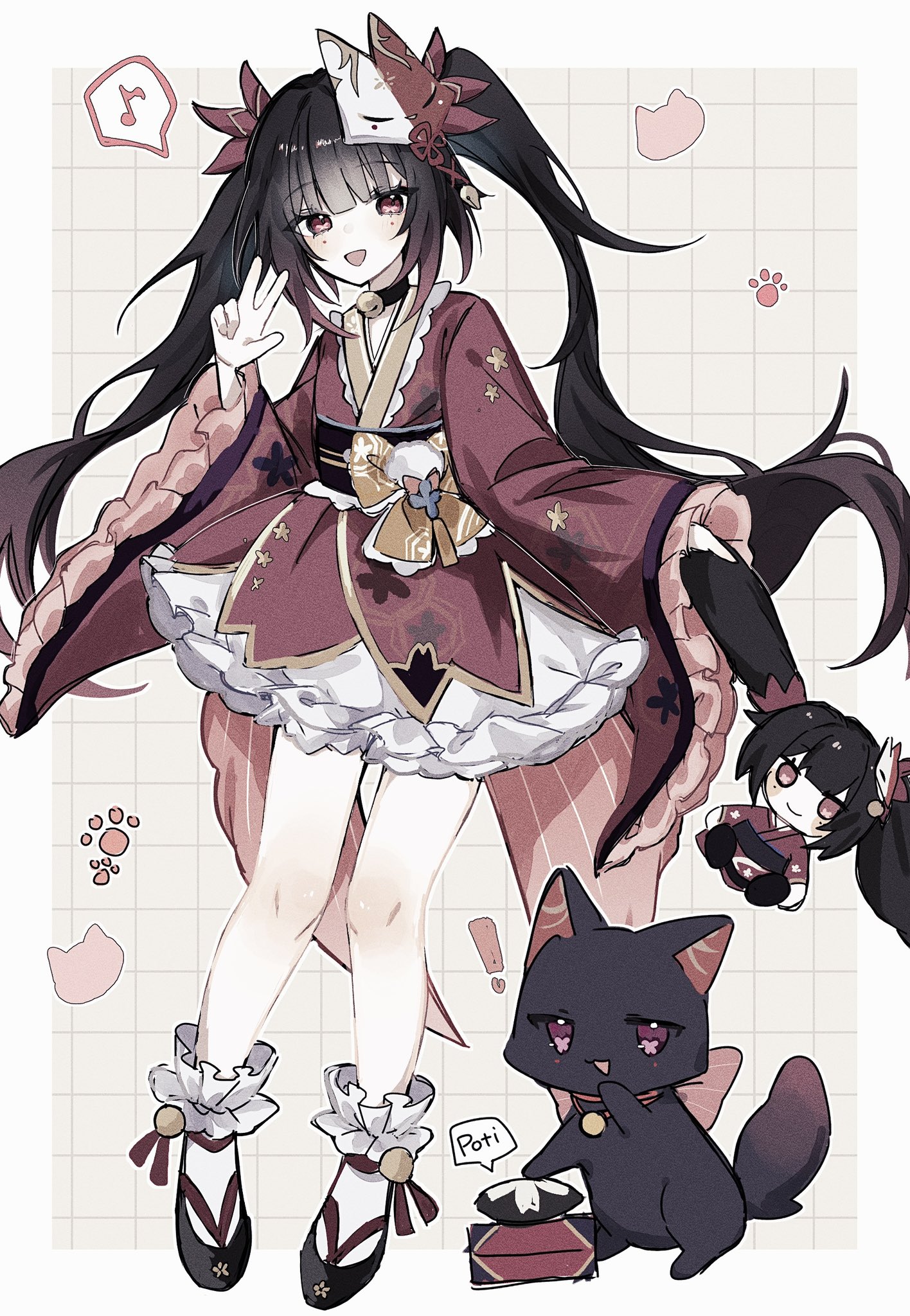 hyb muyuu, sparkle (doll) (honkai: star rail), sparkle (honkai: star rail), honkai: star rail, honkai (series), highres, !, 1girl, :d, animalization, bell, black hair, black shoes, brown background, cat, doll, full body, grid background, holding, holding doll, japanese clothes, kimono, long hair, long sleeves, mark under both eyes, musical note, neck bell, open mouth, paw print, person and animalization, push-button, red eyes, red kimono, shoes, smile, socks, spoken musical note, twintails, w, white socks, wide sleeves
