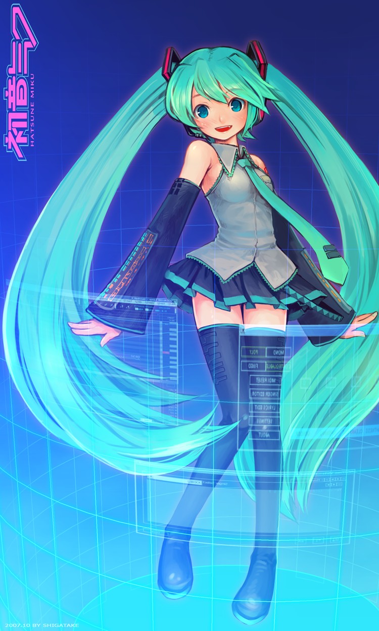 shigatake, hatsune miku, vocaloid, vocaloid2, highres, 1girl, aqua eyes, aqua hair, aqua necktie, arms at sides, black thighhighs, blouse, blue background, blush, character name, collared shirt, dated, detached sleeves, female focus, frilled shirt, frills, grey shirt, knees together feet apart, long hair, necktie, shirt, shoulder tattoo, sleeveless, sleeveless shirt, solo, swept bangs, tattoo, thighhighs, twintails, very long hair, zettai ryouiki