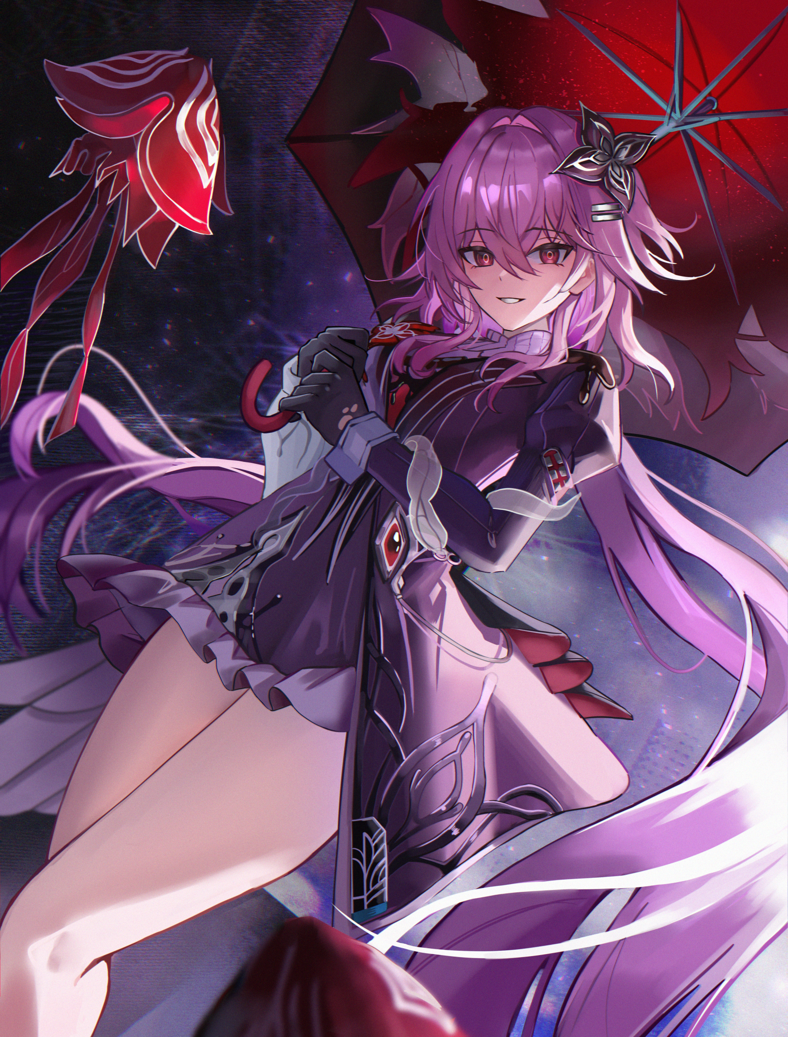 luto, evernight (honkai: star rail), march 7th (honkai: star rail), honkai: star rail, honkai (series), highres, 1girl, black dress, black flower, black gloves, breasts, clenched teeth, dress, flower, gloves, hair flower, hair ornament, holding, holding umbrella, long hair, looking at viewer, medium breasts, pink hair, red eyes, red umbrella, solo, teeth, thighs, umbrella