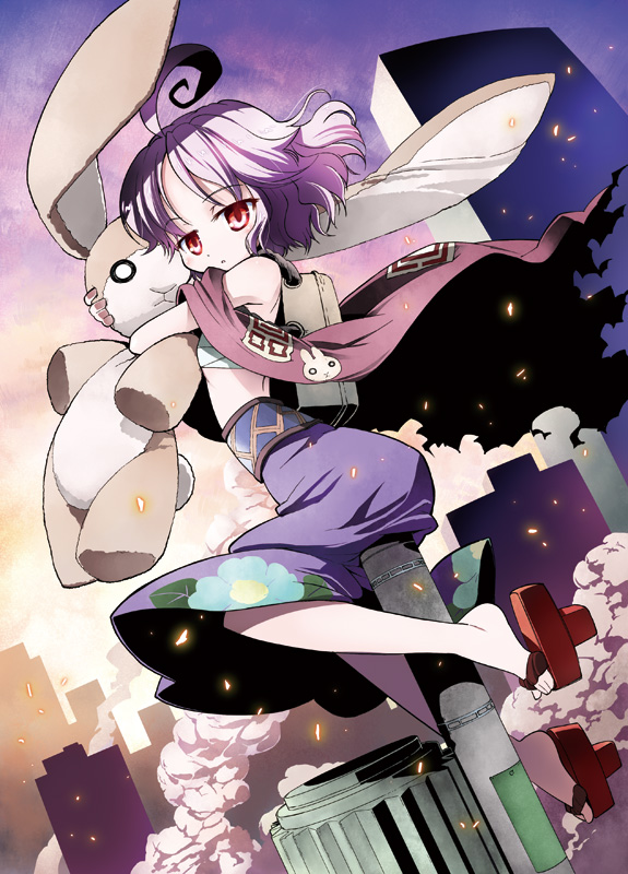takahata yuki, shamo (nekogami yaoyorozu), nekogami yaoyorozu, 1girl, ahoge, blush, dutch angle, female focus, geta, hugging doll, hugging object, purple hair, rabbit, red eyes, sandals, short hair, sitting, skirt, smoke, solo, stuffed animal, stuffed rabbit, stuffed toy, tengu-geta, utility pole