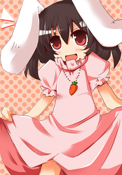 shirogane (platinum), inaba tewi, touhou, 1girl, animal ears, blush, carrot, dress, female focus, jewelry, no nose, open mouth, pendant, polka dot, polka dot background, rabbit ears, red eyes, short hair, skirt, skirt hold, solo