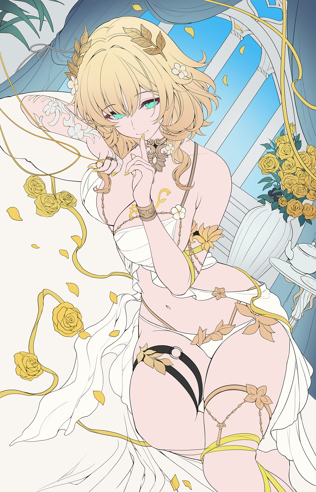 machi (machi0910), aglaea (honkai: star rail), honkai: star rail, honkai (series), highres, unfinished, 1girl, bare shoulders, bed sheet, bikini, blonde hair, breast tattoo, breasts, cleavage, closed mouth, finger to mouth, fingernails, flower, green eyes, hair between eyes, head wreath, indoors, large breasts, looking at viewer, lying, medium hair, multi-strapped bikini bottom, nail polish, navel, o-ring, o-ring thigh strap, on bed, on side, pillow, rose, smile, solo, stomach, swimsuit, tattoo, thigh strap, thighs, white bikini, yellow flower, yellow nails, yellow rose