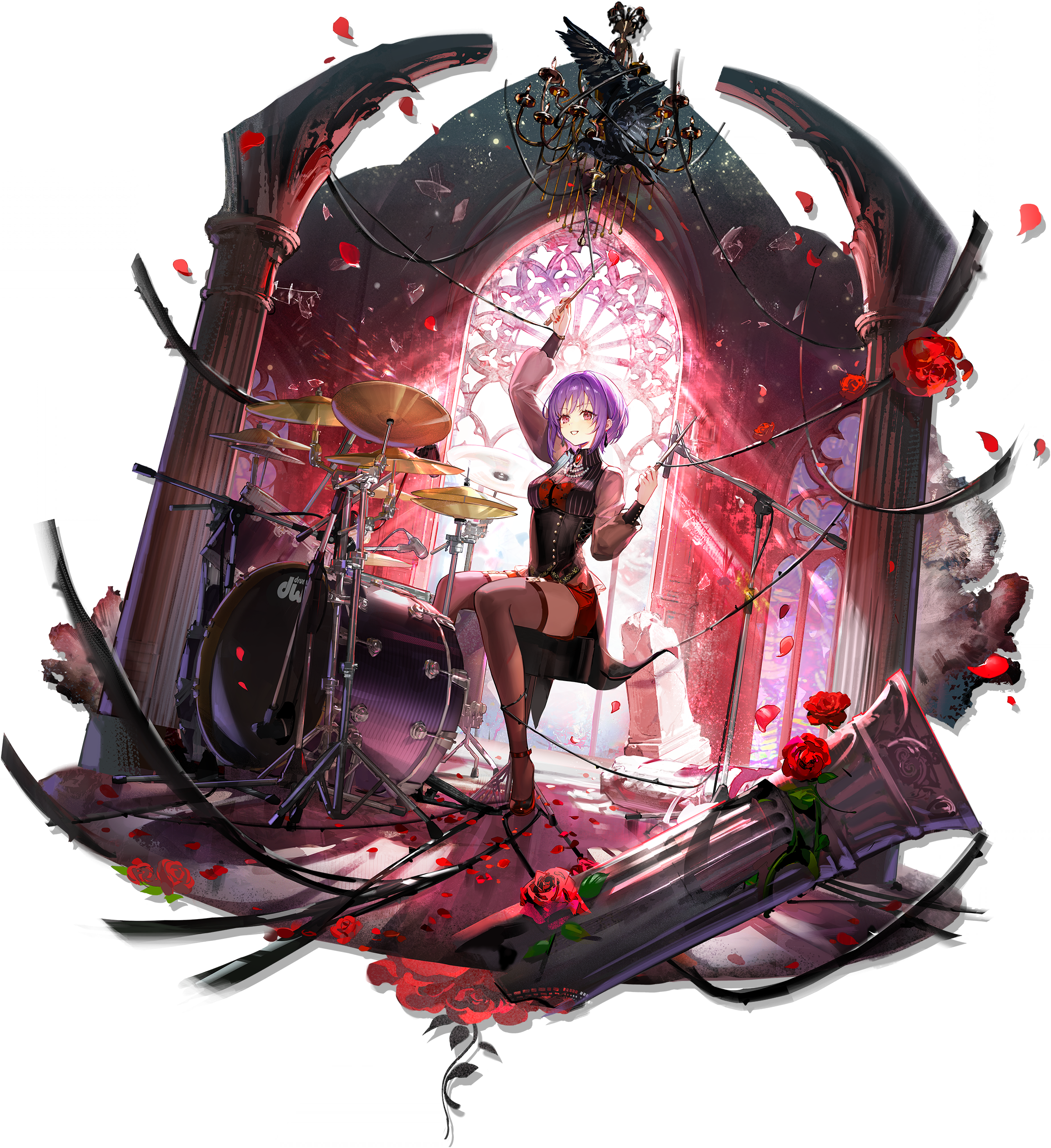 amoris (bang dream!), yuutenji nyamu, arknights, bang dream!, bang dream! it's mygo!!!!!, absurdres, highres, official art, third-party source, 1girl, arms up, bead necklace, beads, black vest, breasts, broken glass, chandelier, drum, drum set, drumsticks, dw drums, falling petals, flower, garter straps, glass, holding, holding drumsticks, instrument, jewelry, long sleeves, medium breasts, microphone stand, necklace, open mouth, petals, pink eyes, purple hair, red brooch, red flower, red rose, red shoes, red shorts, red thighhighs, rose, ruins, shoes, short hair, shorts, sitting, solo, tachi-e, thighhighs, thorns, transparent background, vest